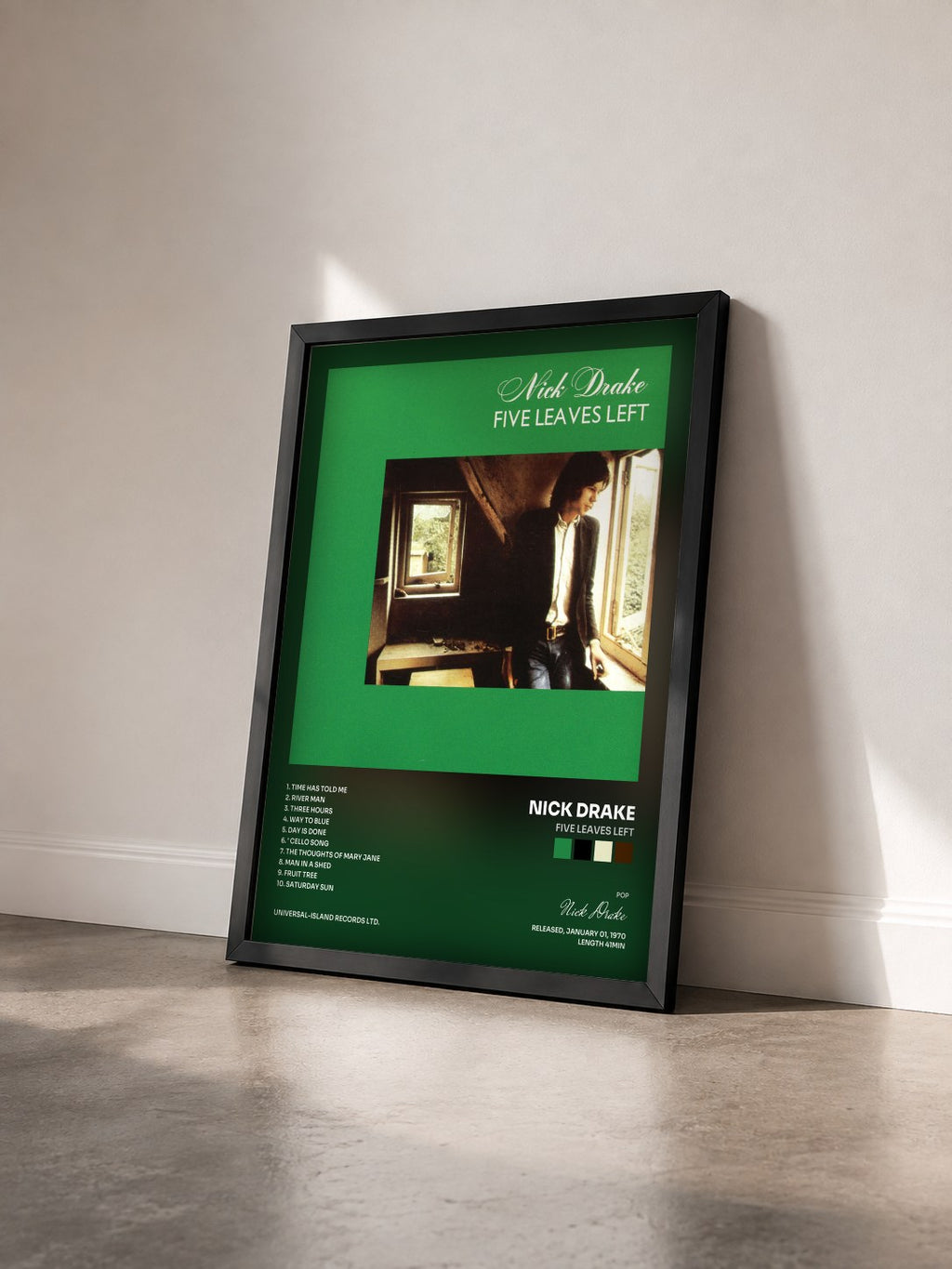 #noir Tableau de l'album Five Leaves Left de Nick Drake vu de trois quarts, cadre noir