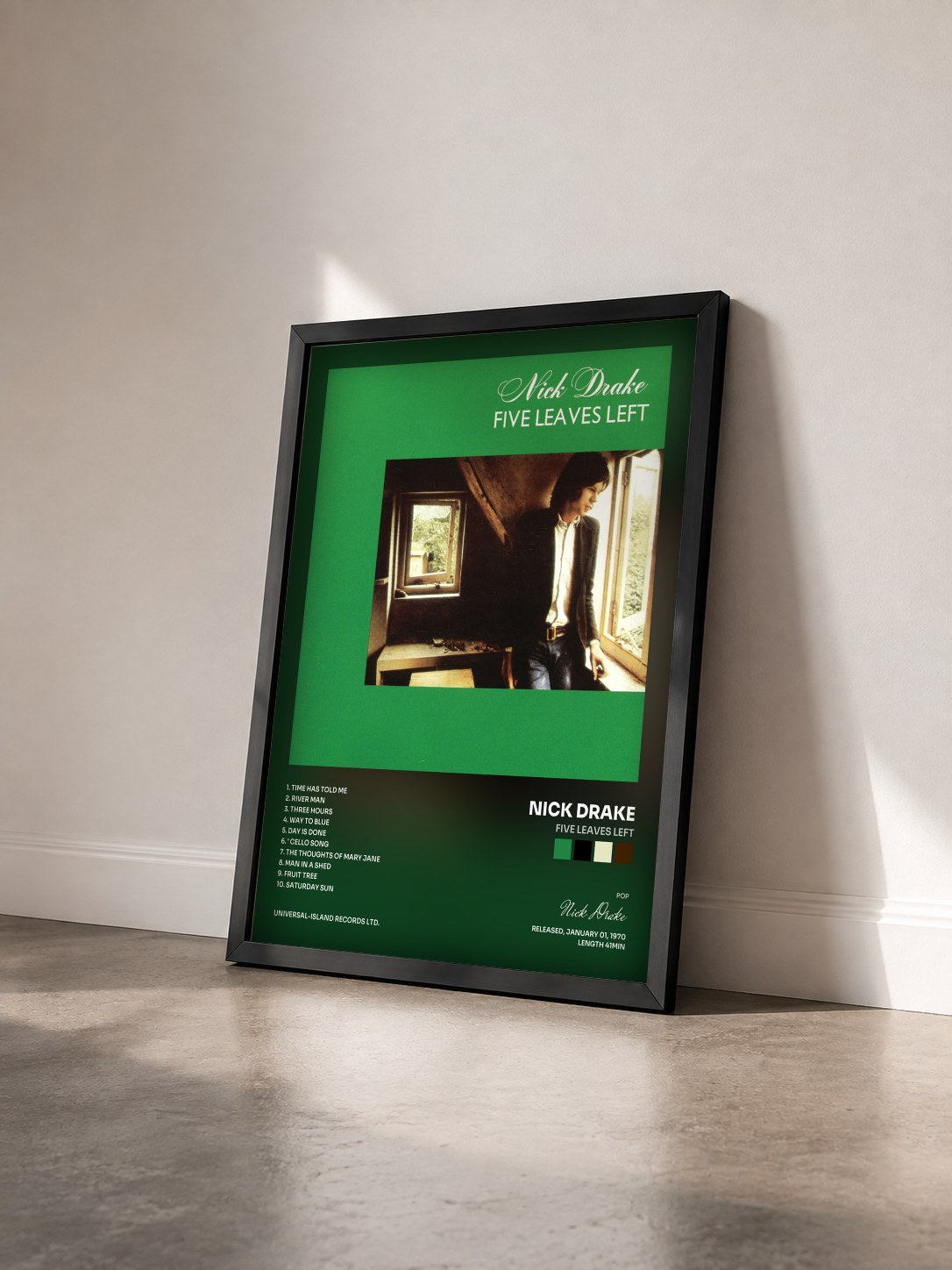 #noir Tableau de l'album Five Leaves Left de Nick Drake vu de trois quarts, cadre noir