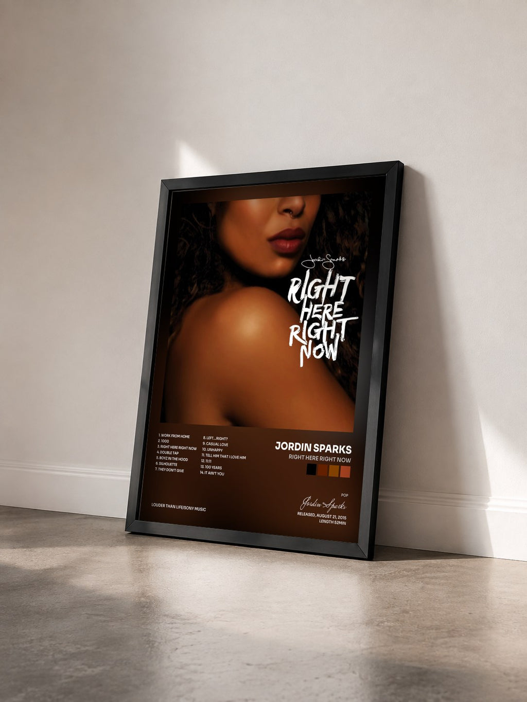#noir Right Here Right Now de Jordin Sparks en lámina enmarcada vista de tres cuartos, marco negro