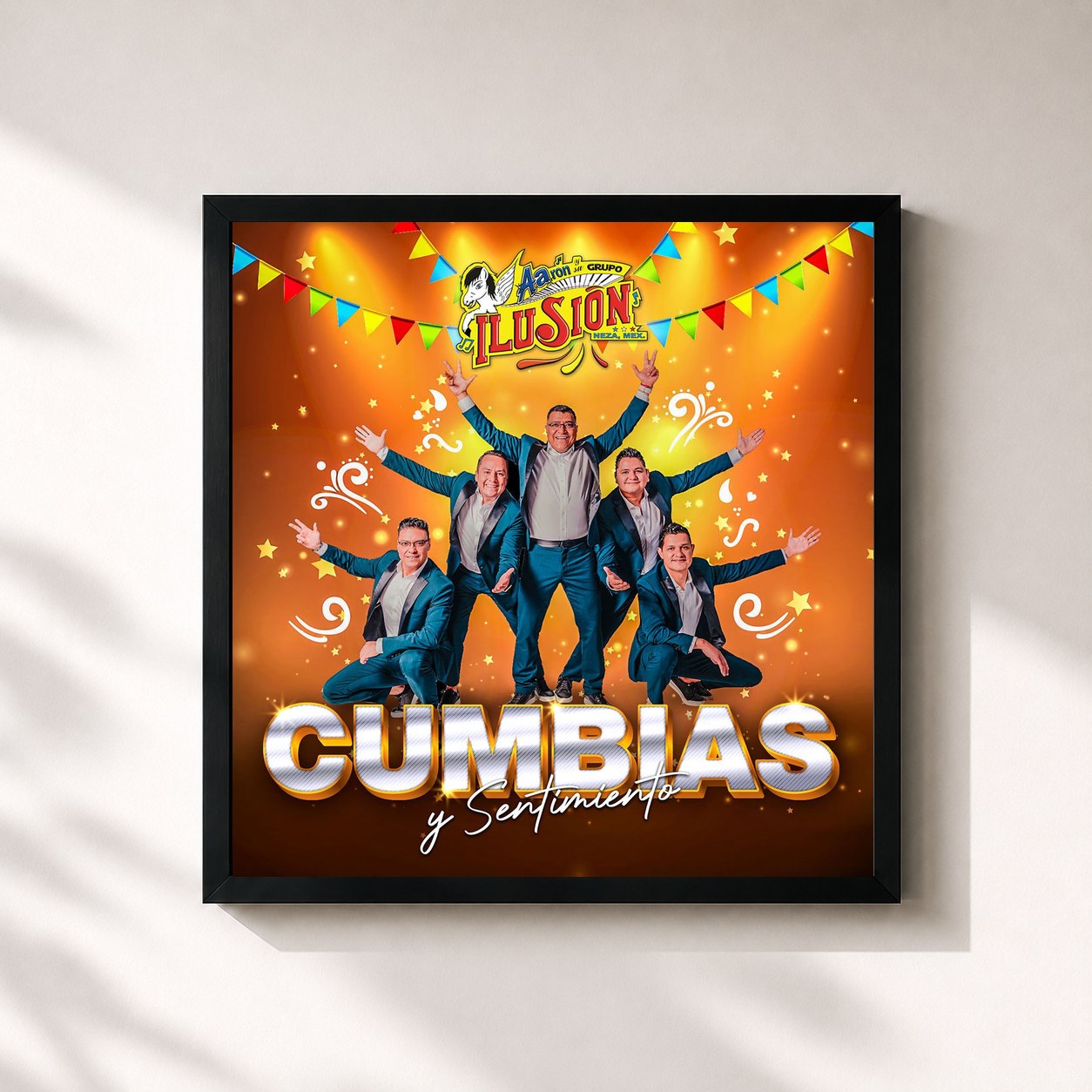 #noir Tableau carré de l'album Cumbias y Sentimiento de Aaron y su grupo Ilusion, cadre noir 32x32 cm