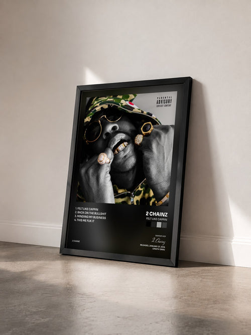 #noir Felt Like Cappin by 2 Chainz as a framed art print seen at an angle, black frame