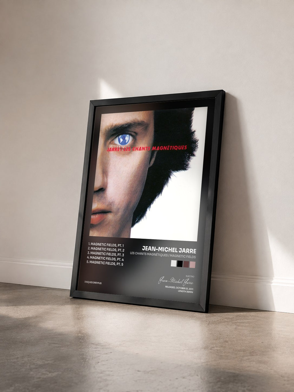 #noir Tableau de l'album Les chants magnétiques / Magnetic Fields de Jean-Michel Jarre vu de trois quarts, cadre noir