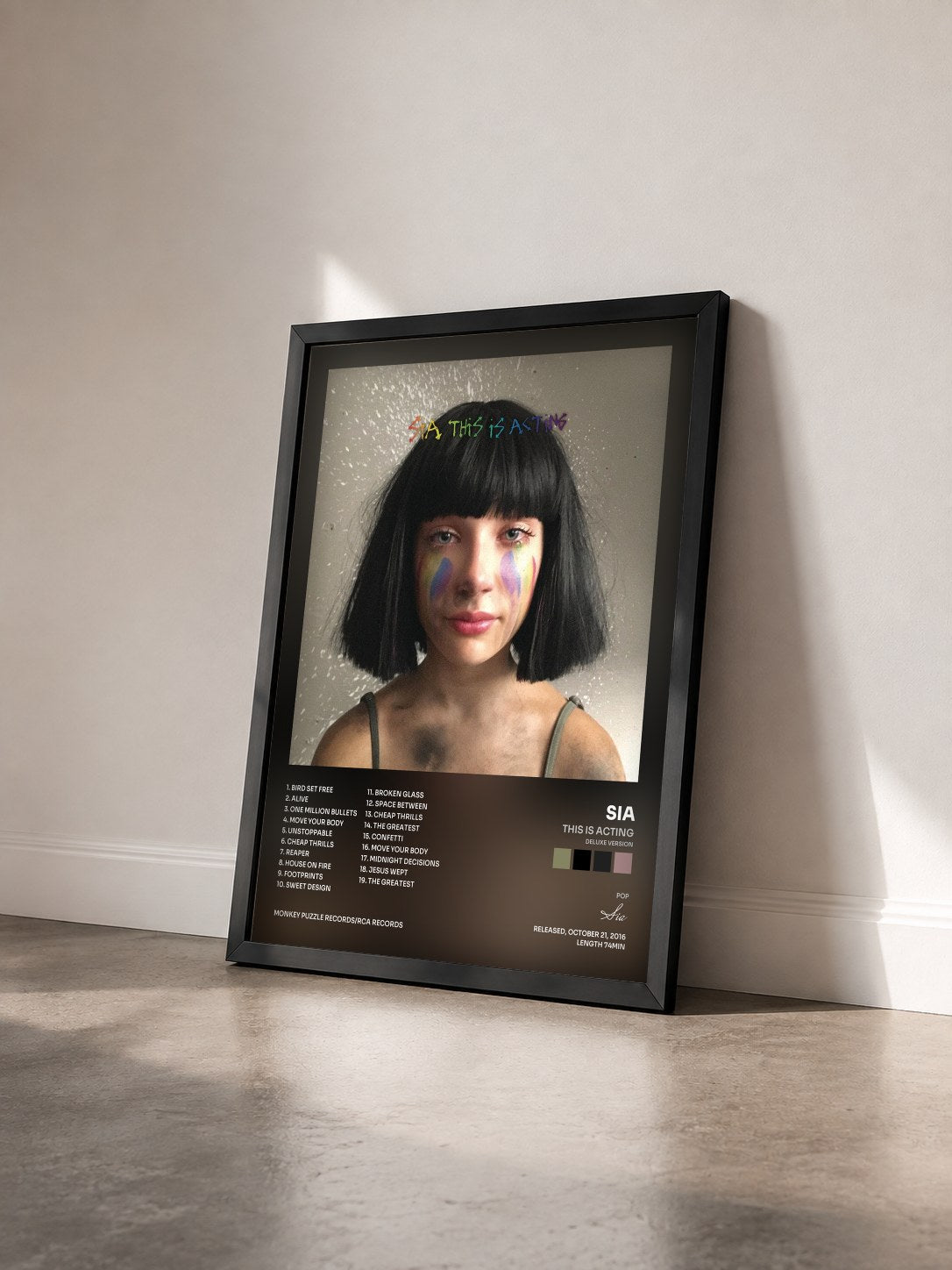#noir Tableau de l'album This Is Acting (Deluxe Version) de Sia vu de trois quarts, cadre noir