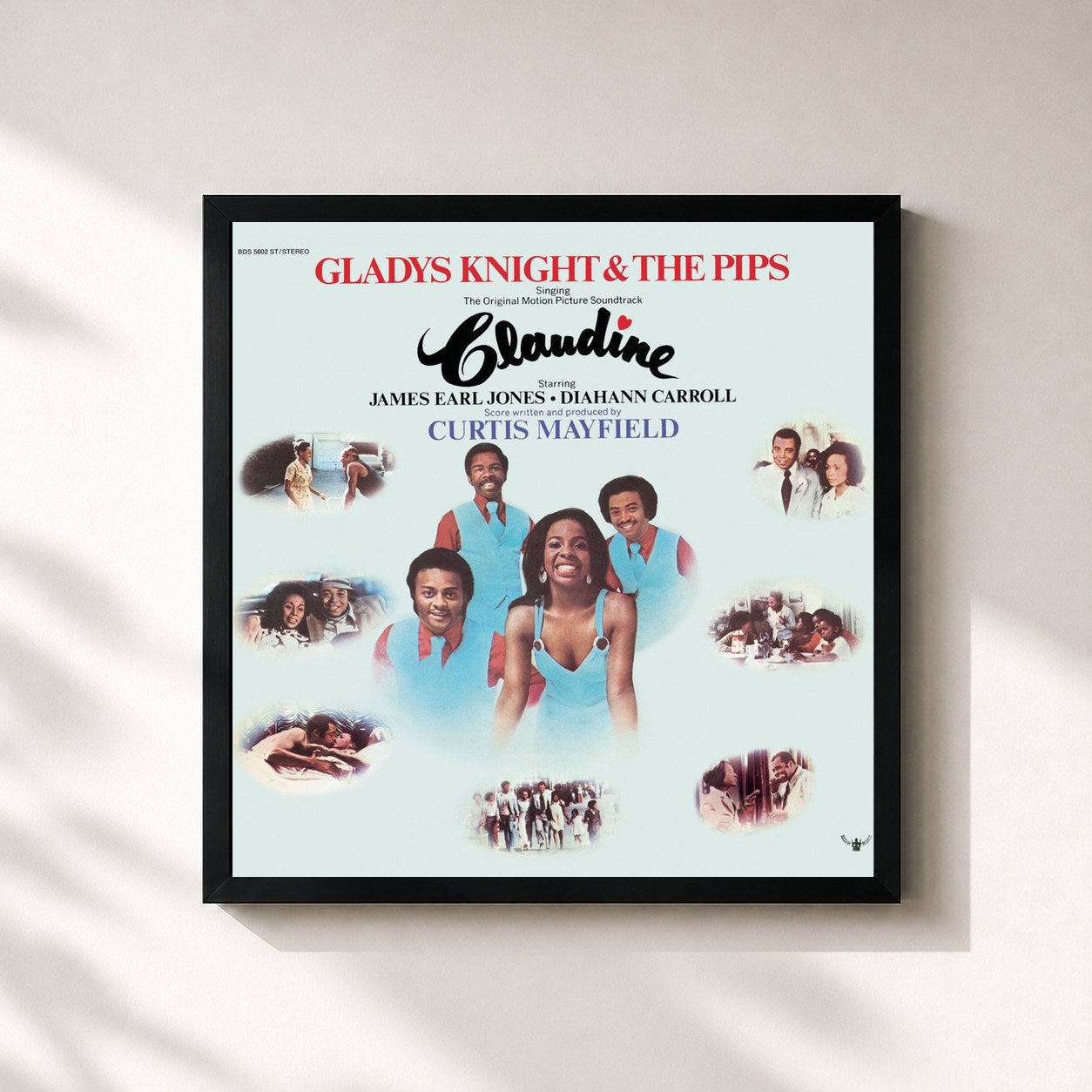 #noir Tableau carré de l'album Claudine (Original Soundtrack) de Gladys Knight & The Pips, cadre noir 32x32 cm