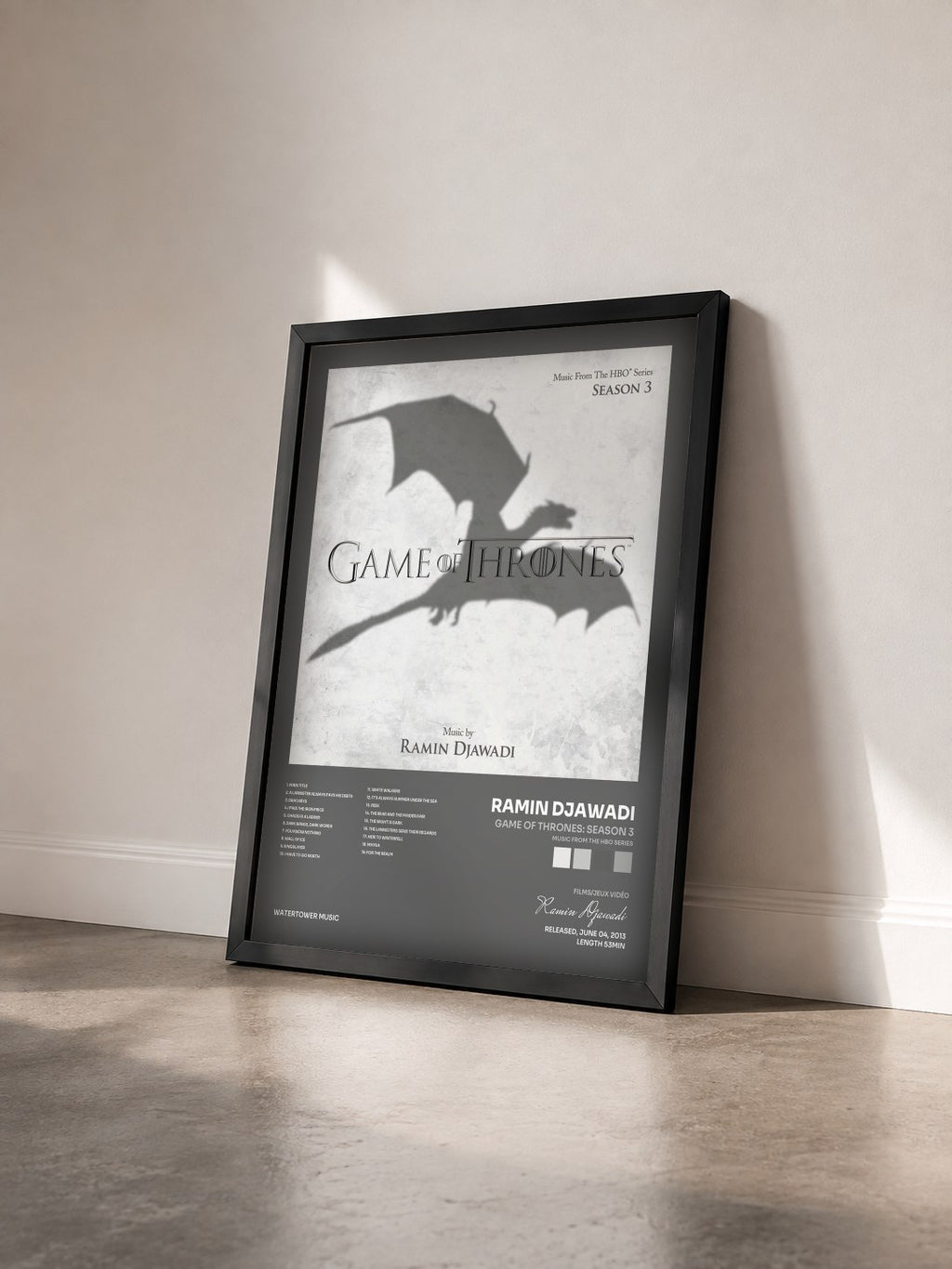 #noir Game Of Thrones: Season 3 (Music from the HBO Series) by Ramin Djawadi as a framed art print seen at an angle, black frame
