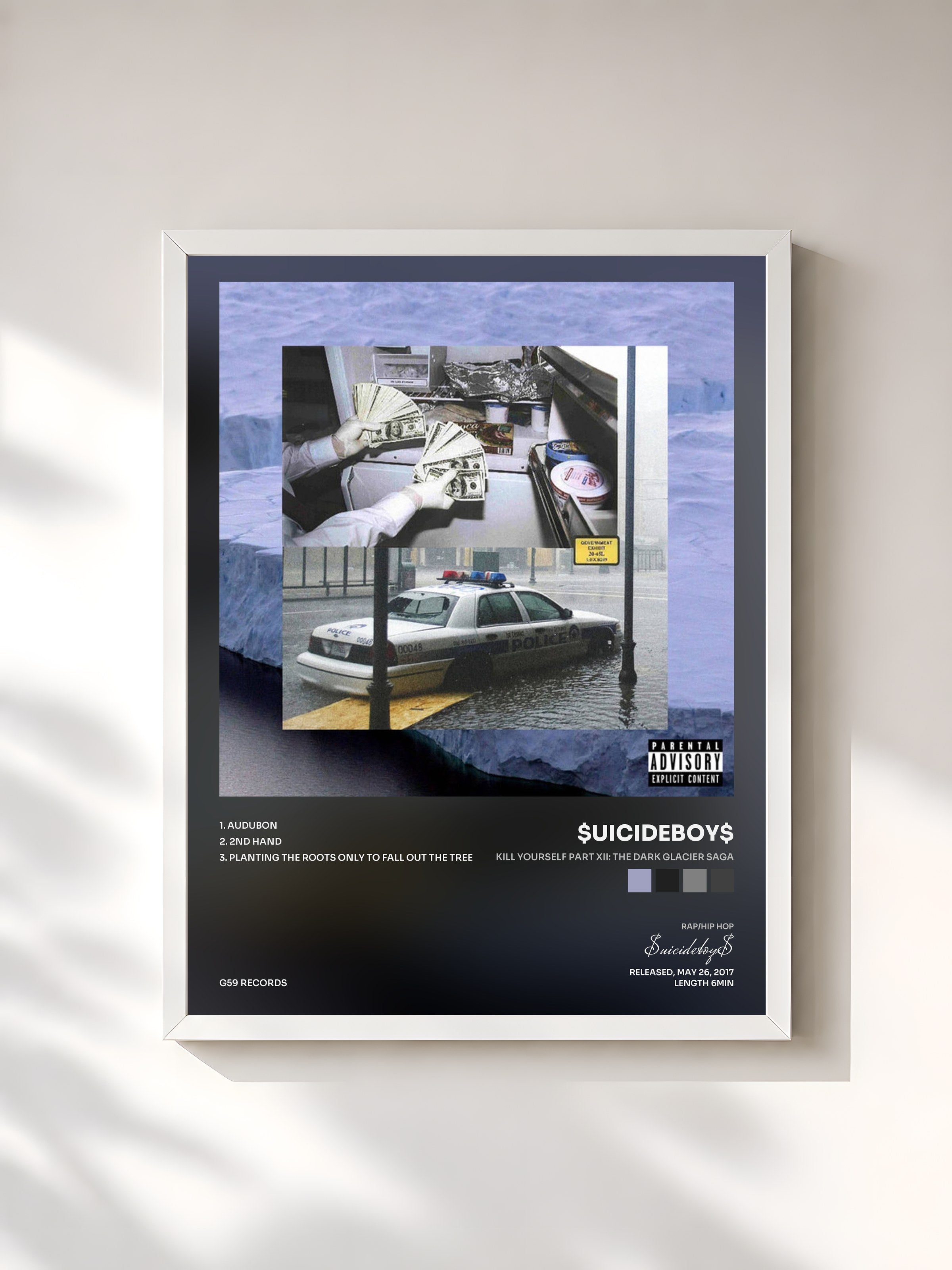 #blanc Tableau de l'album KILL YOURSELF Part XII: The Dark Glacier Saga de $uicideboy$, cadre blanc, imprimé et encadré en France
