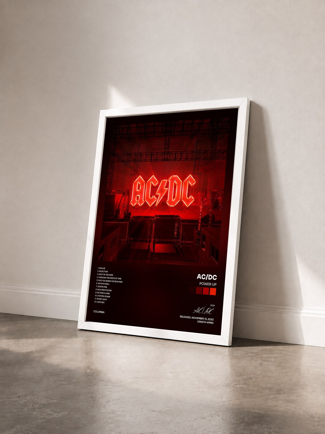 #blanc POWER UP by AC/DC as a framed art print seen at an angle, white frame