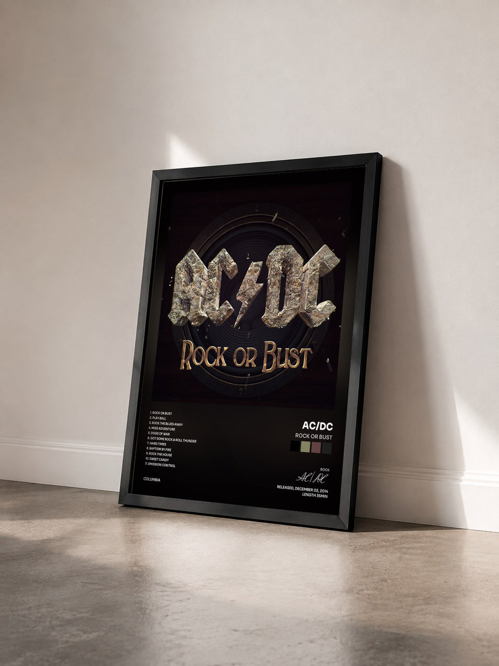 #noir Tableau de l'album Rock or Bust de AC/DC vu de trois quarts, cadre noir