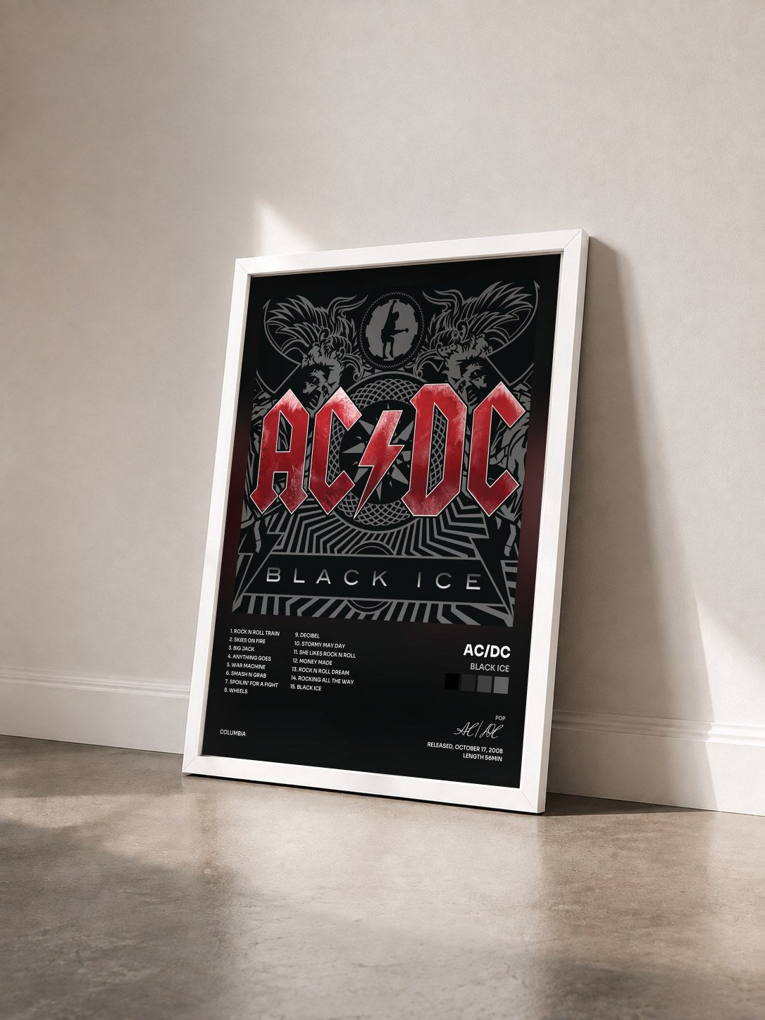 #blanc Tableau de l'album Black Ice de AC/DC vu de trois quarts, cadre blanc
