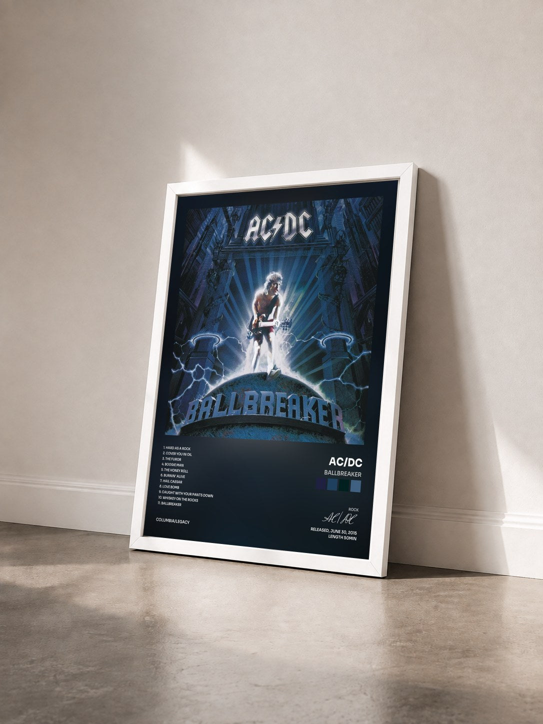 #blanc Tableau de l'album Ballbreaker de AC/DC vu de trois quarts, cadre blanc