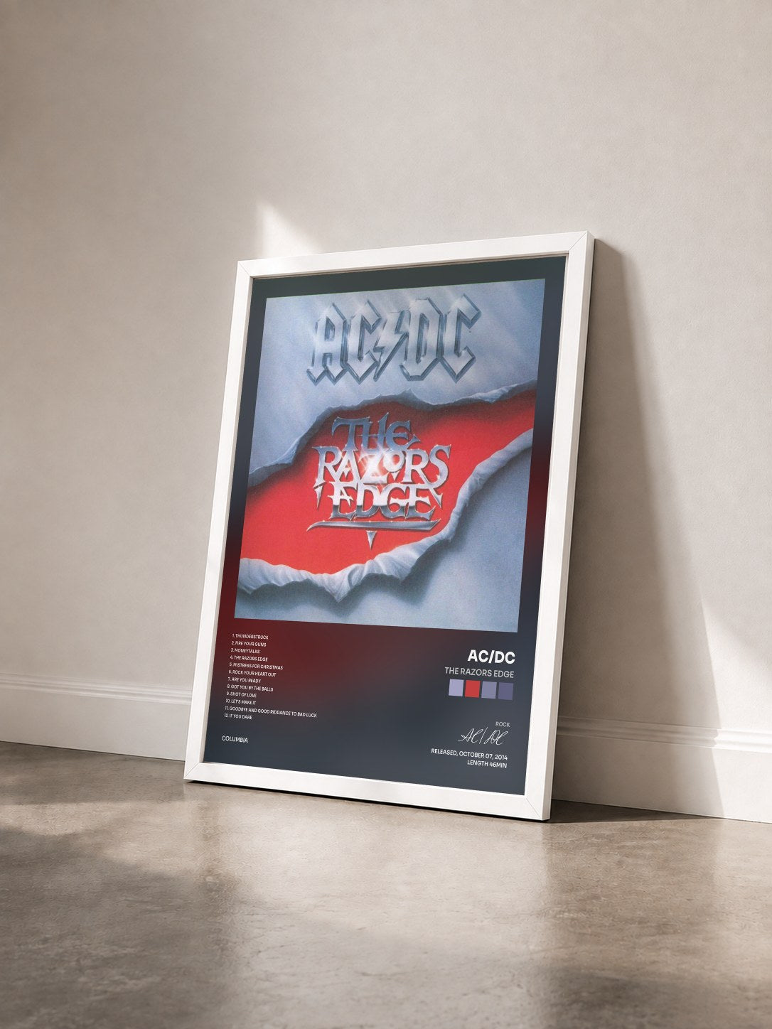 #blanc Tableau de l'album The Razors Edge de AC/DC vu de trois quarts, cadre blanc