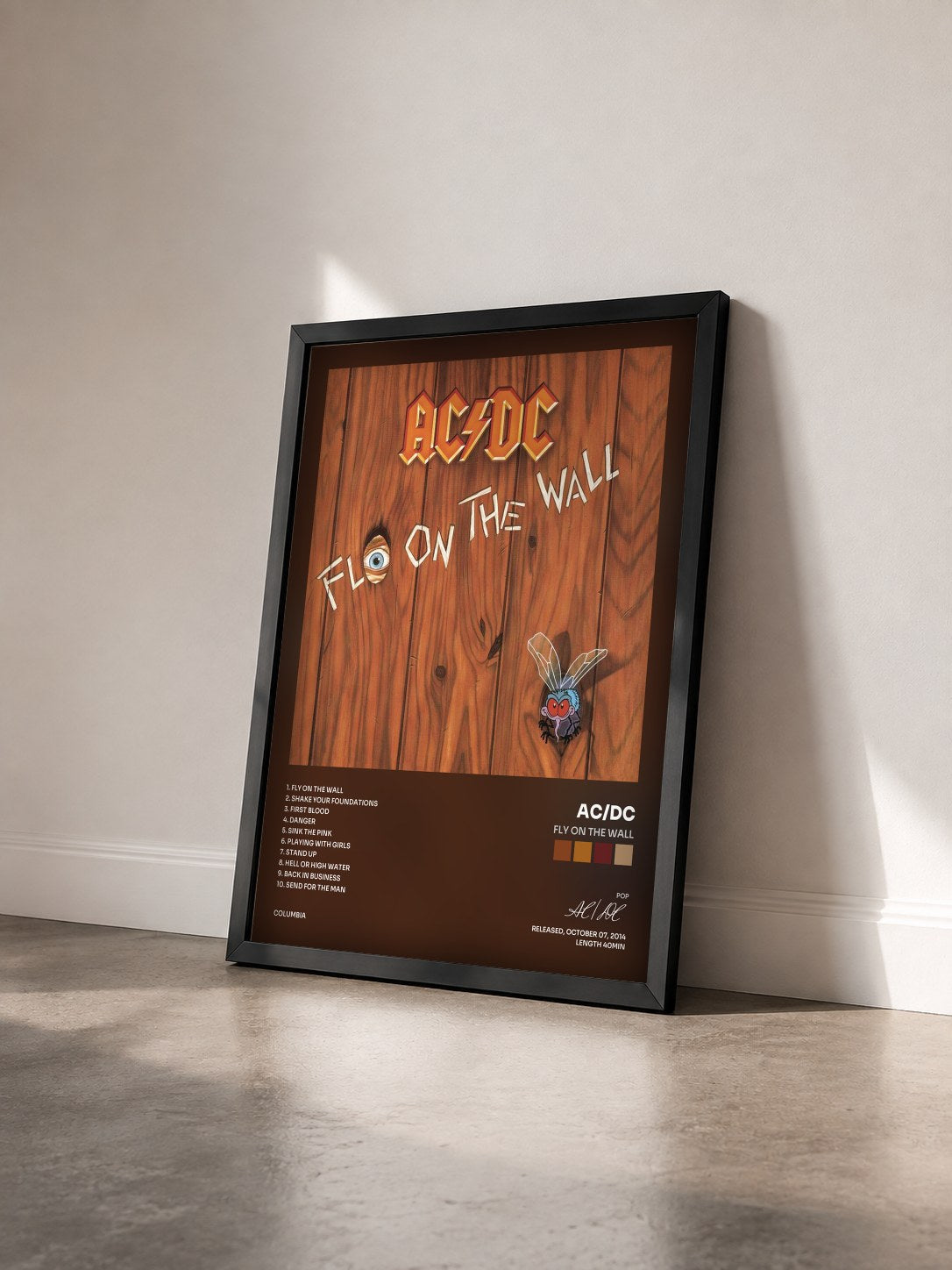 #noir Tableau de l'album Fly On the Wall de AC/DC vu de trois quarts, cadre noir