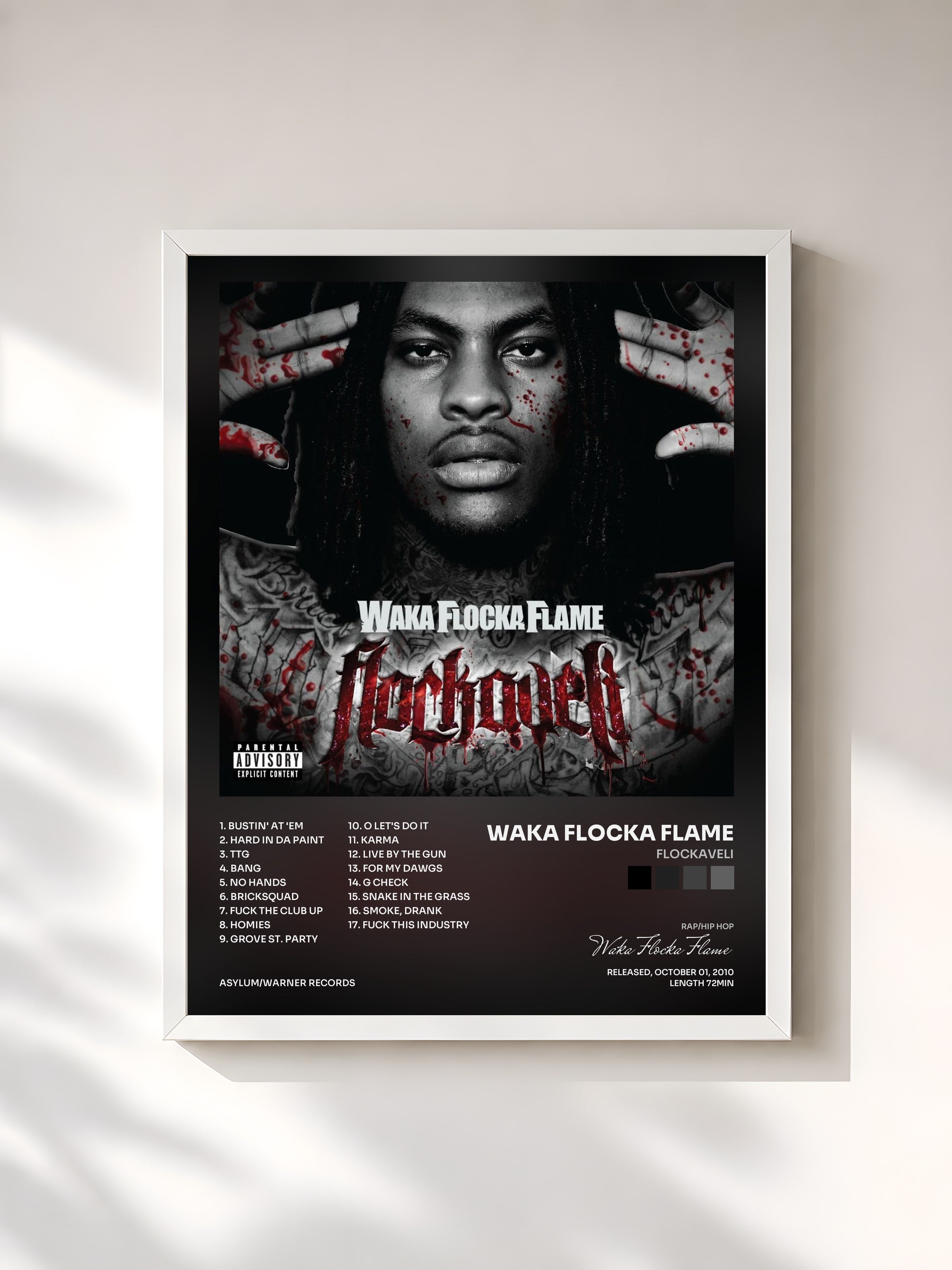 #blanc Tableau de l'album Flockaveli de Waka Flocka Flame, cadre blanc, imprimé et encadré en France