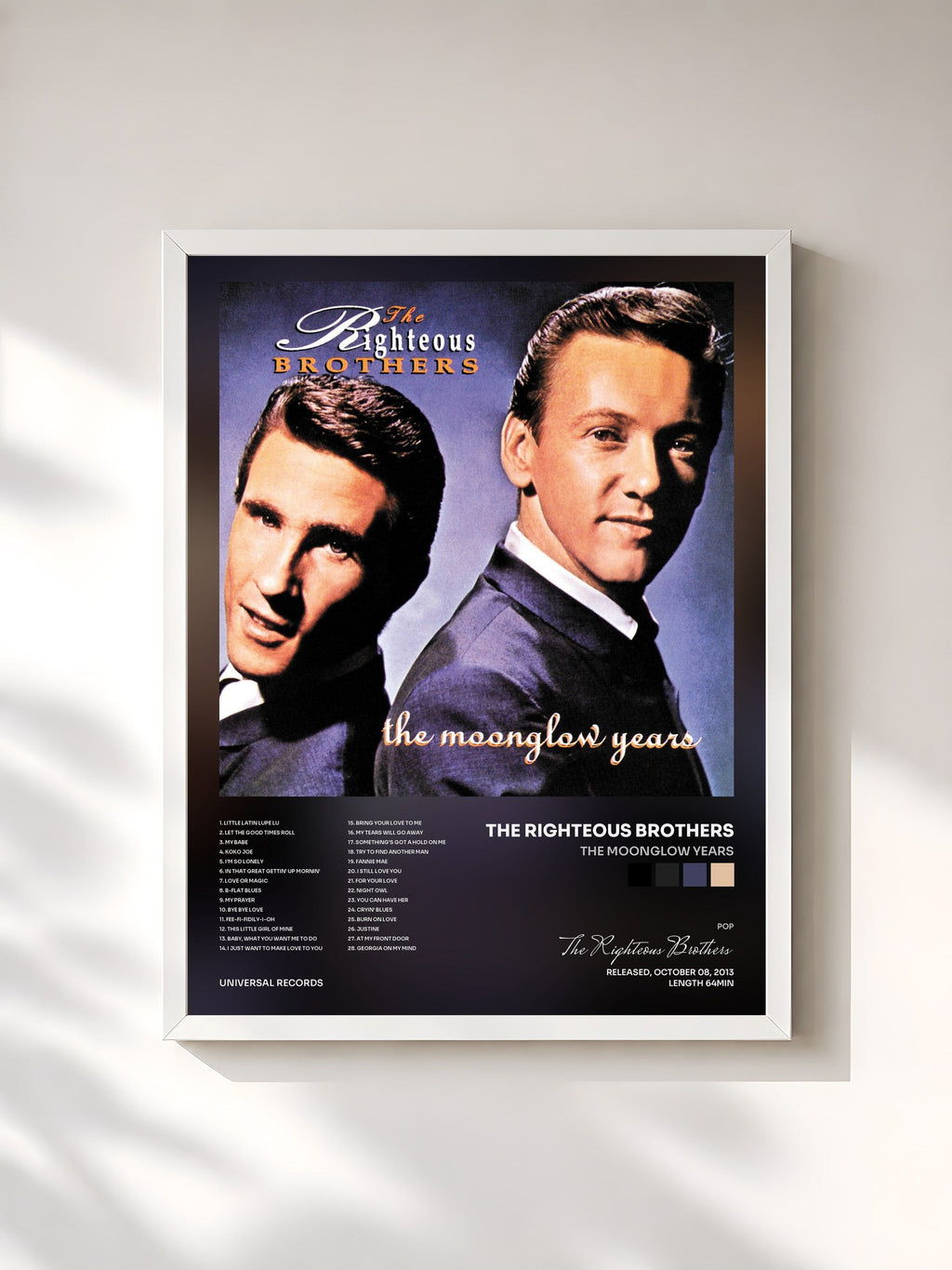 #blanc Tableau de l'album The Moonglow Years de The Righteous Brothers, cadre blanc, imprimé et encadré en France