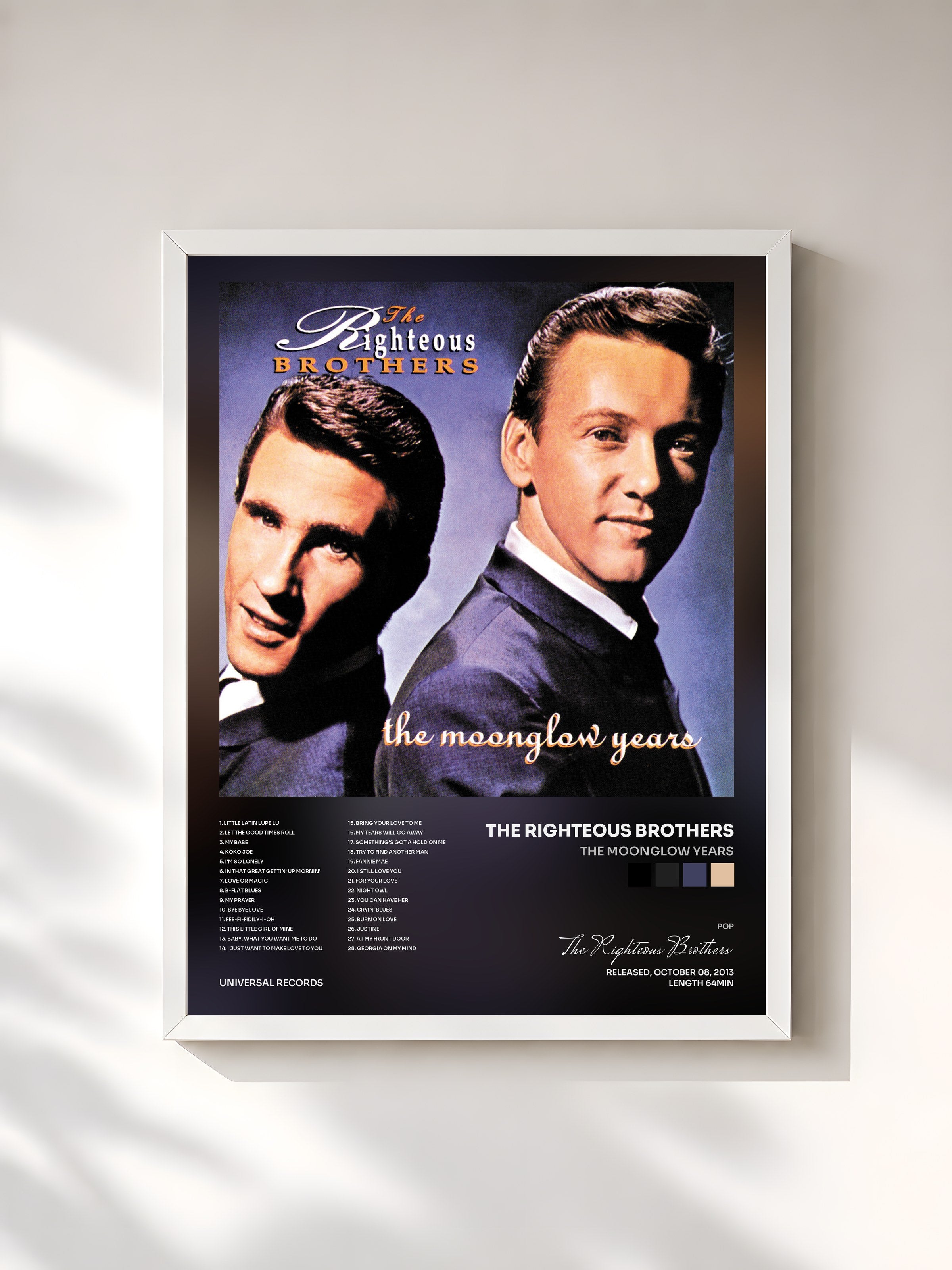 #blanc Tableau de l'album The Moonglow Years de The Righteous Brothers, cadre blanc, imprimé et encadré en France