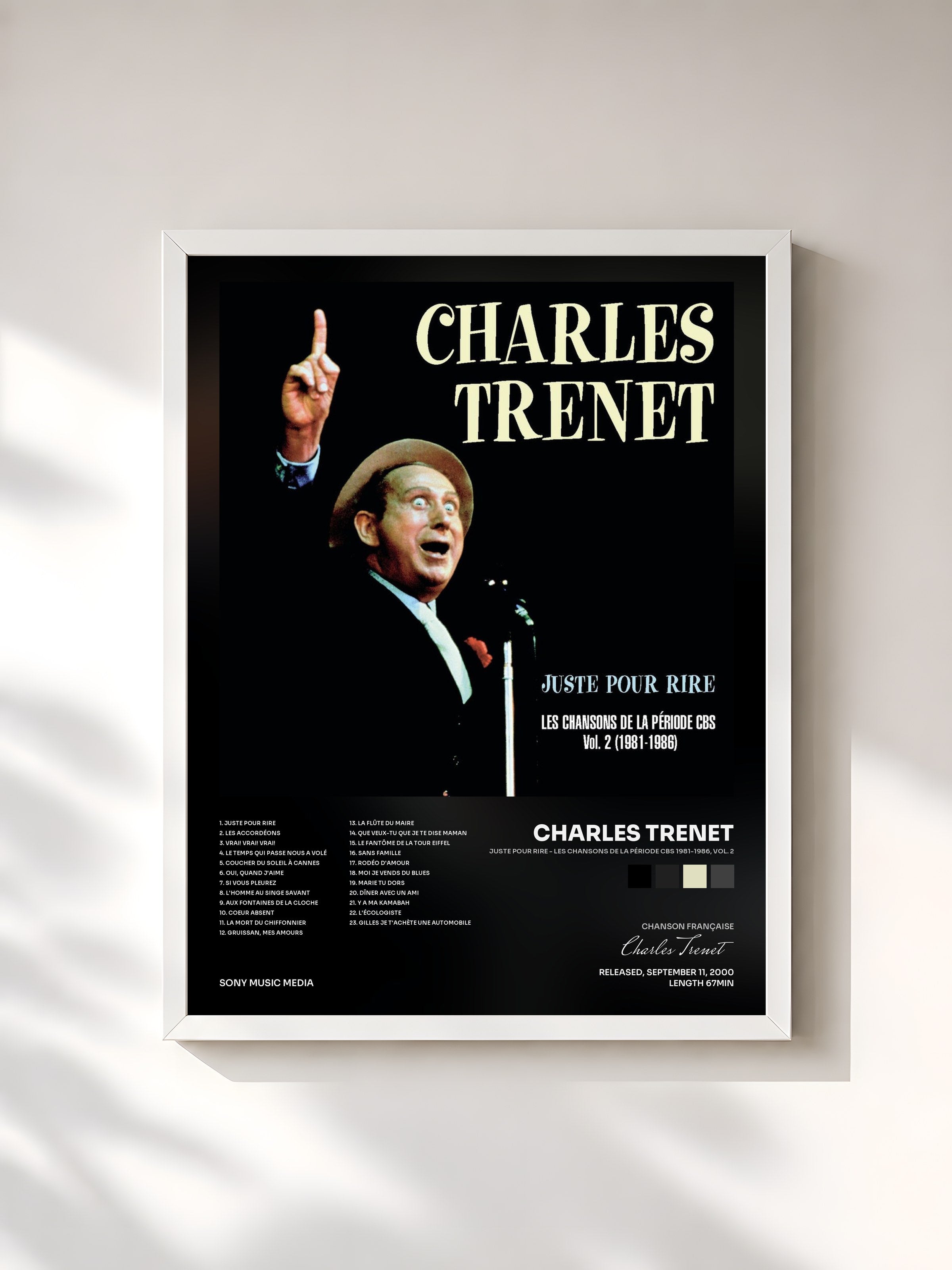 #blanc Tableau de l'album Juste pour rire - Les chansons de la période CBS 1981-1986, Vol. 2 de Charles Trenet, cadre blanc, imprimé et encadré en France
