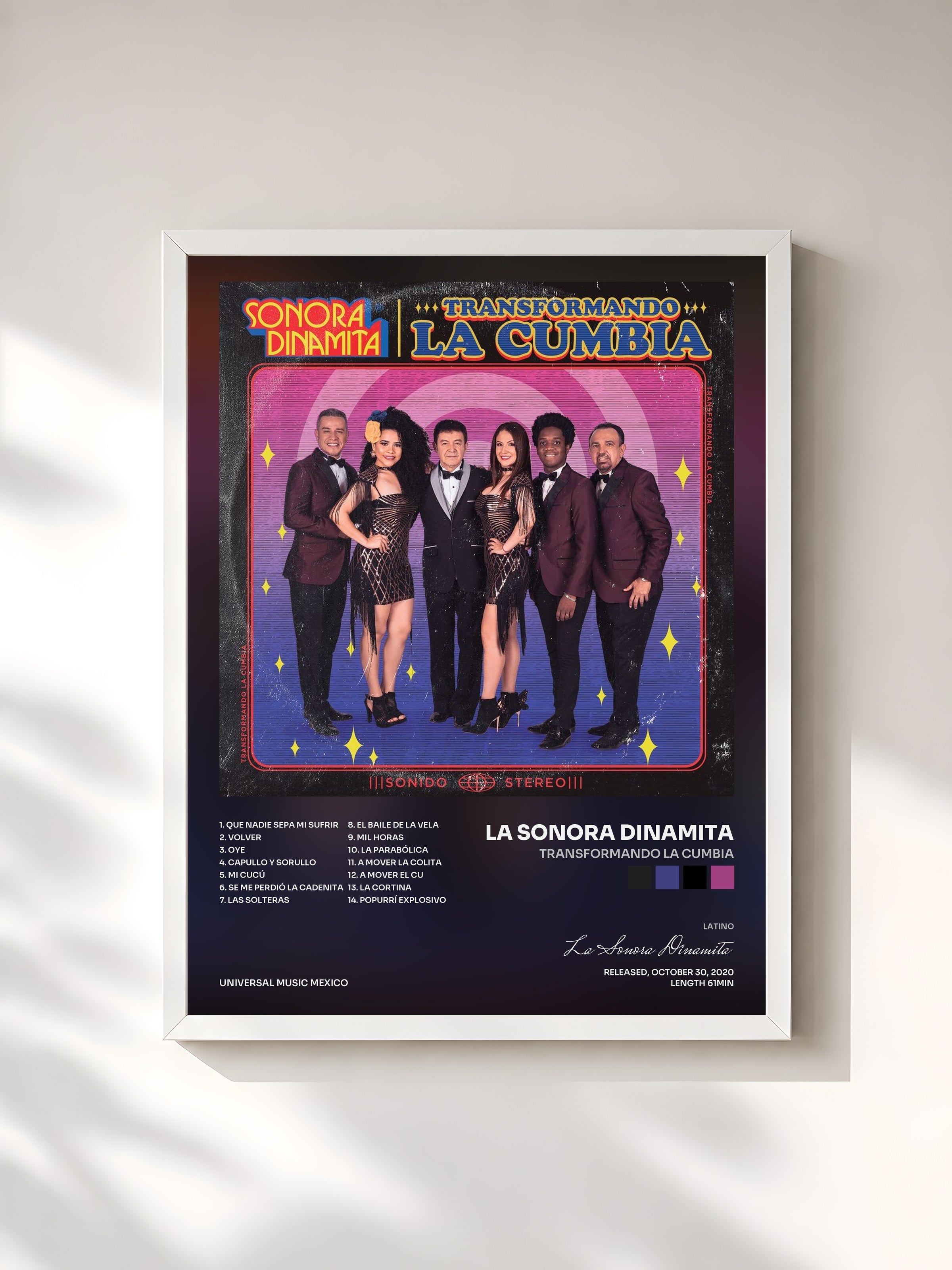 #blanc Tableau de l'album Transformando La Cumbia de La Sonora Dinamita, cadre blanc, imprimé et encadré en France