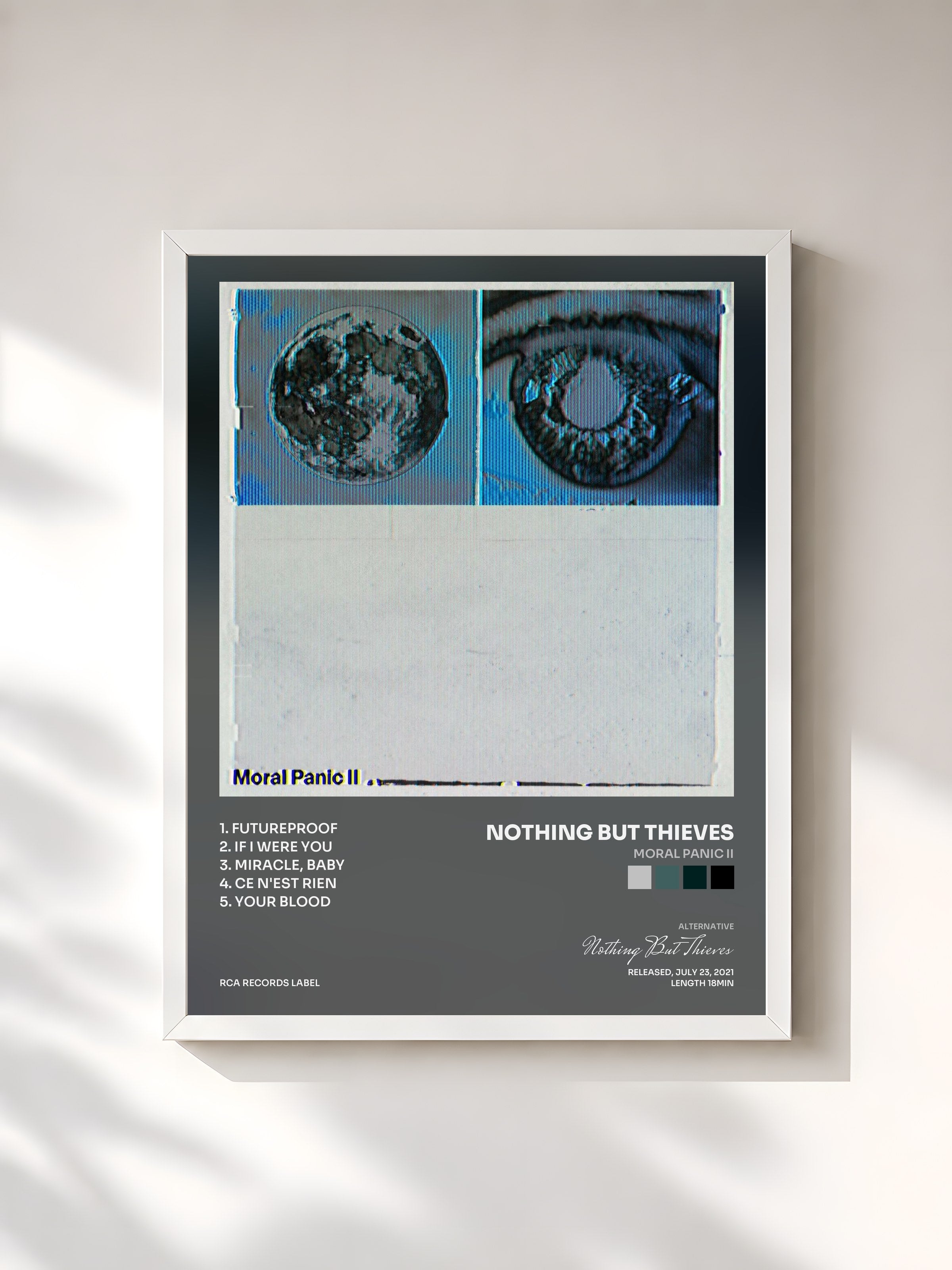 #blanc Tableau de l'album Moral Panic II de Nothing But Thieves, cadre blanc, imprimé et encadré en France