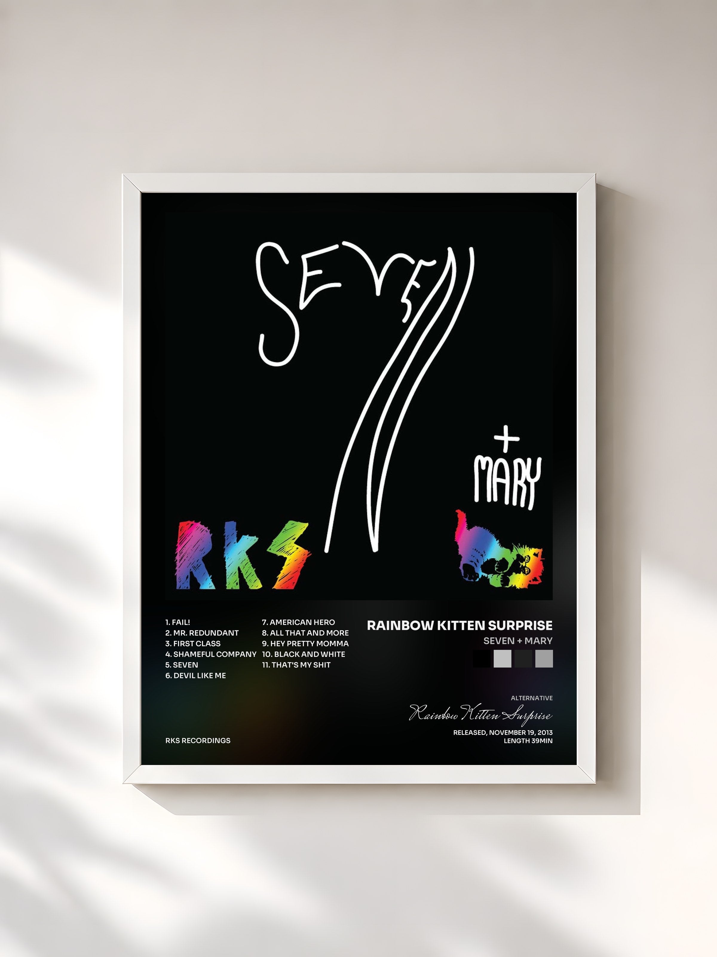 #blanc Tableau de l'album Seven + Mary de Rainbow Kitten Surprise, cadre blanc, imprimé et encadré en France