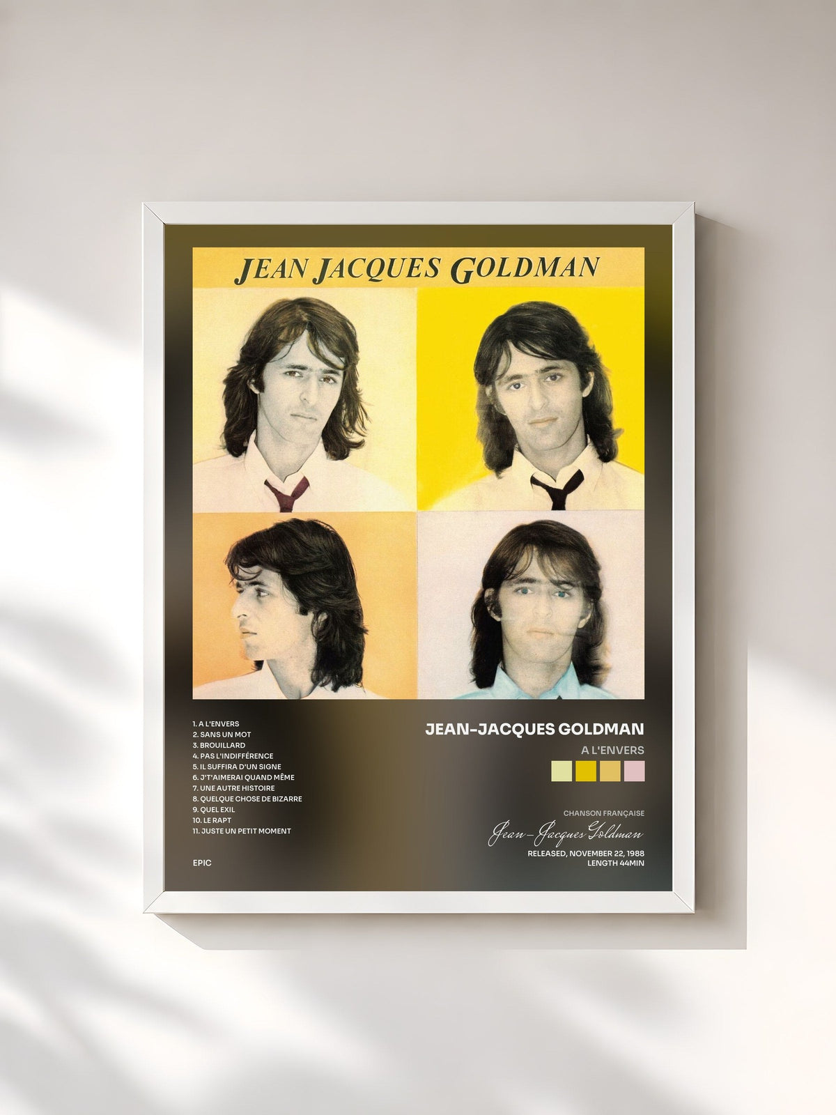 #blanc Tableau de l'album A l'envers de Jean-Jacques Goldman, cadre blanc, imprimé et encadré en France
