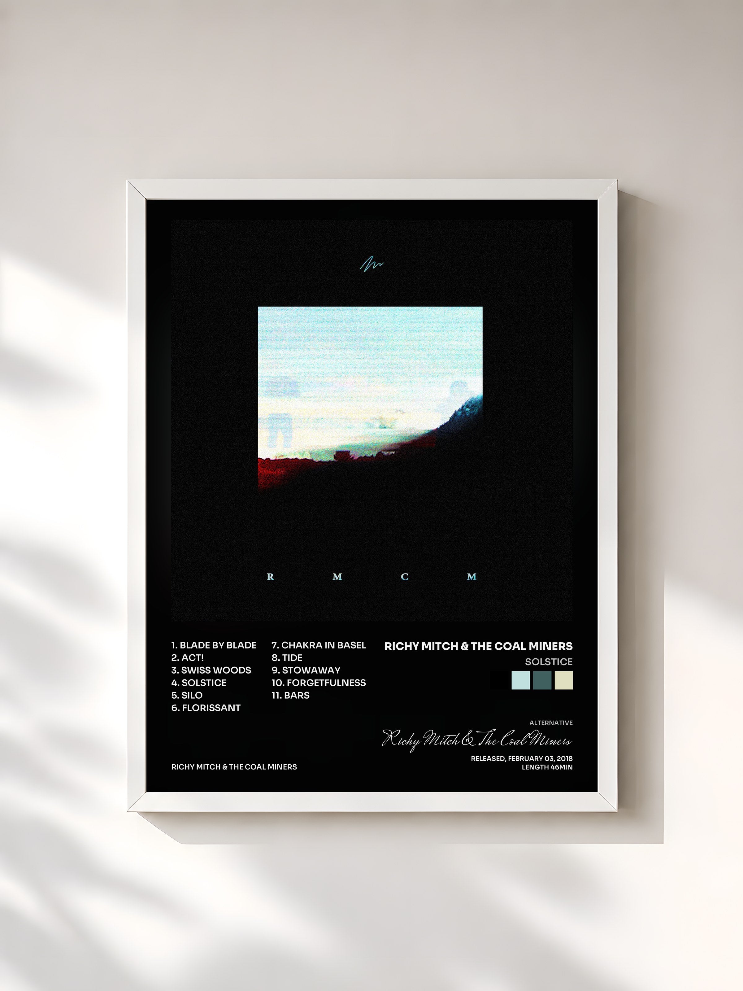 #blanc Tableau de l'album Solstice de Richy Mitch & The Coal Miners, cadre blanc, imprimé et encadré en France