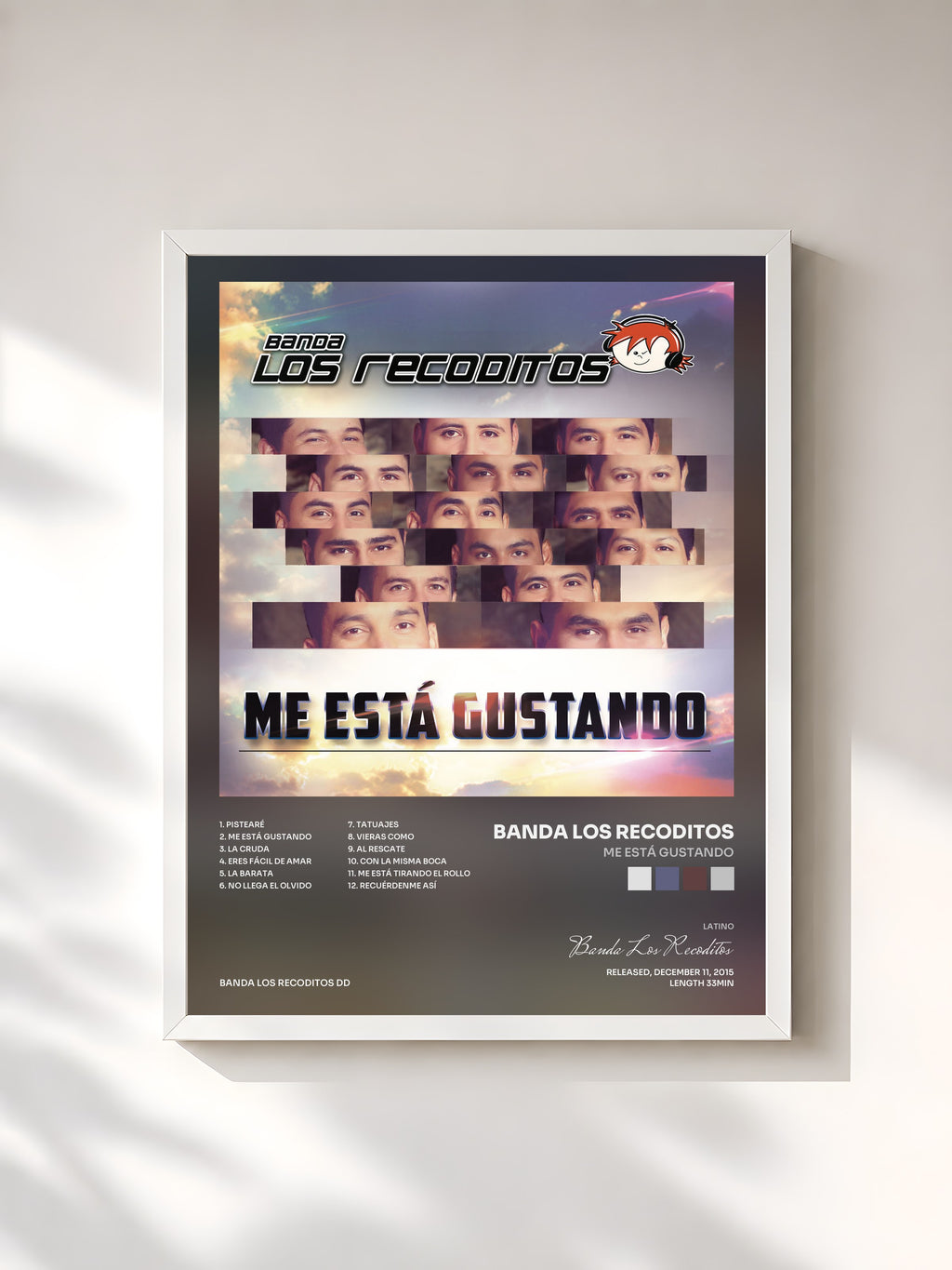 #blanc Tableau de l'album Me Está Gustando de Banda Los Recoditos, cadre blanc, imprimé et encadré en France