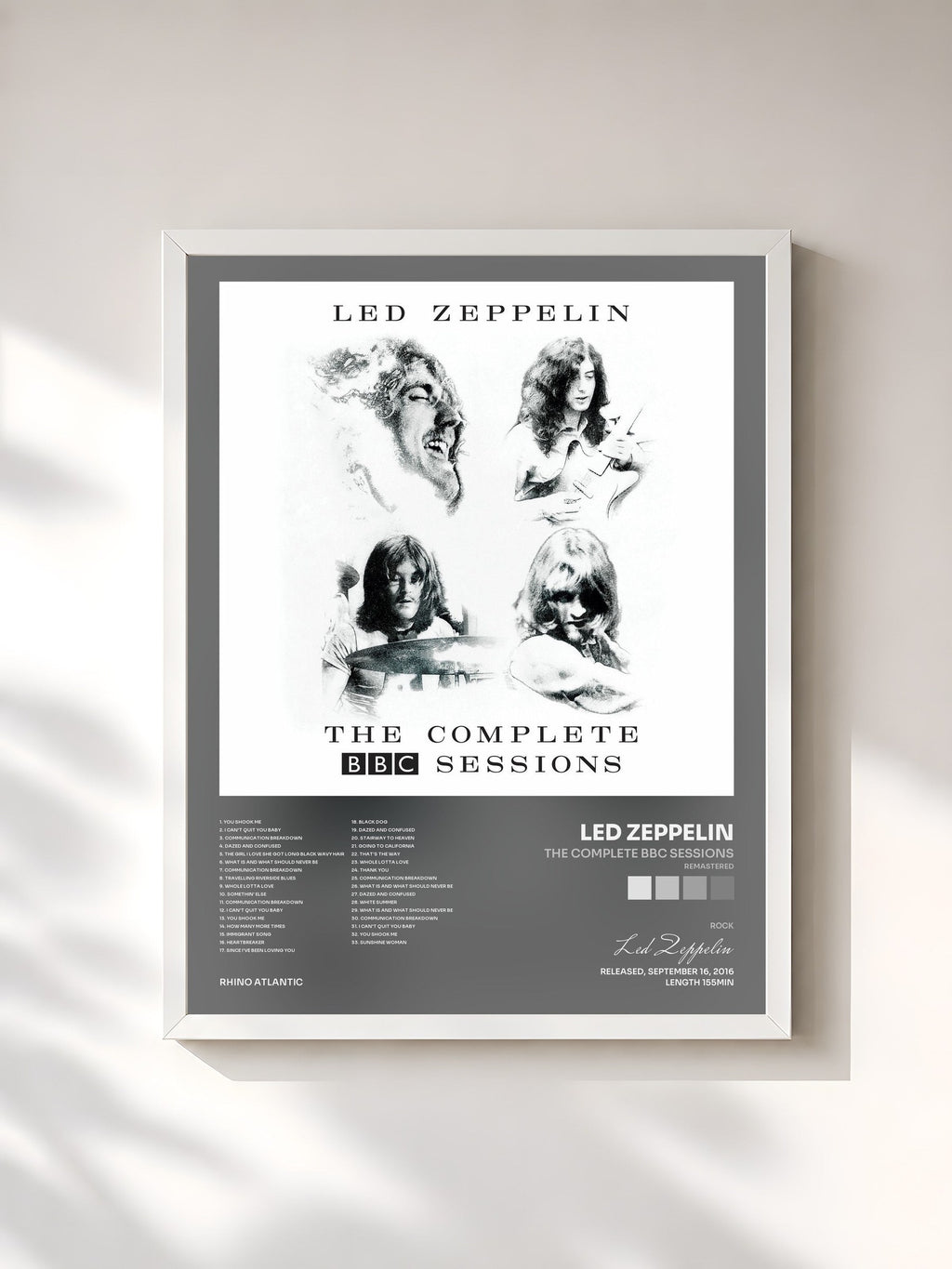 #blanc Tableau de l'album The Complete BBC Sessions (Remastered) de Led Zeppelin, cadre blanc, imprimé et encadré en France