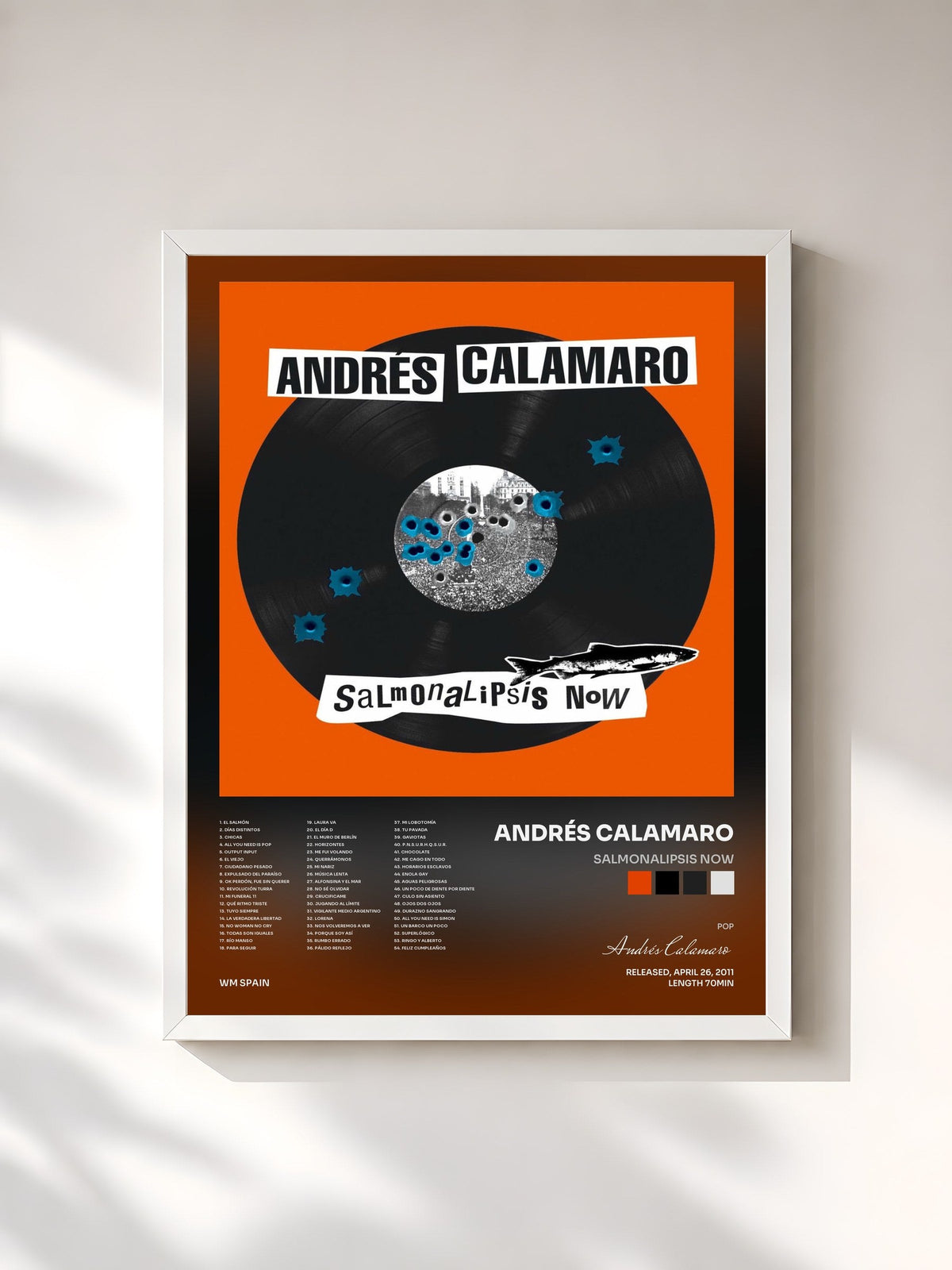 #blanc Tableau de l'album Salmonalipsis now de Andrés Calamaro, cadre blanc, imprimé et encadré en France