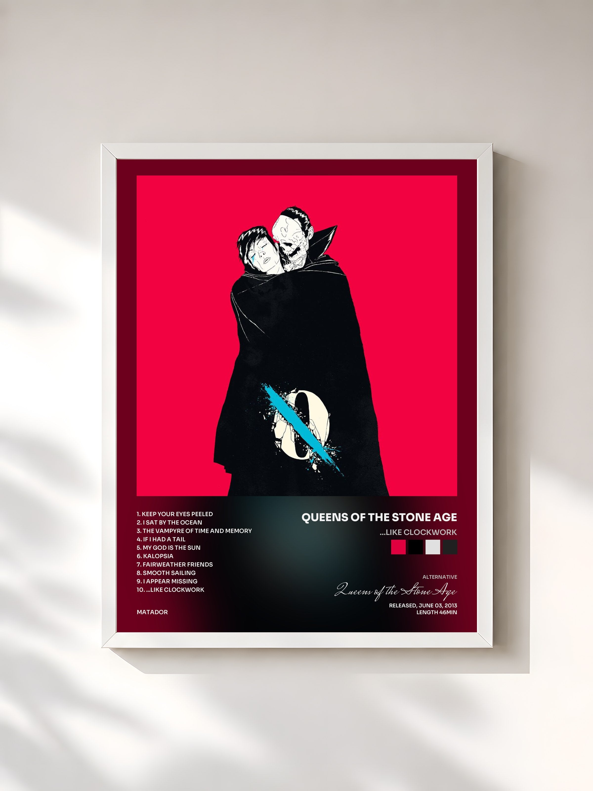 #blanc Tableau de l'album ...Like Clockwork de Queens of the Stone Age, cadre blanc, imprimé et encadré en France