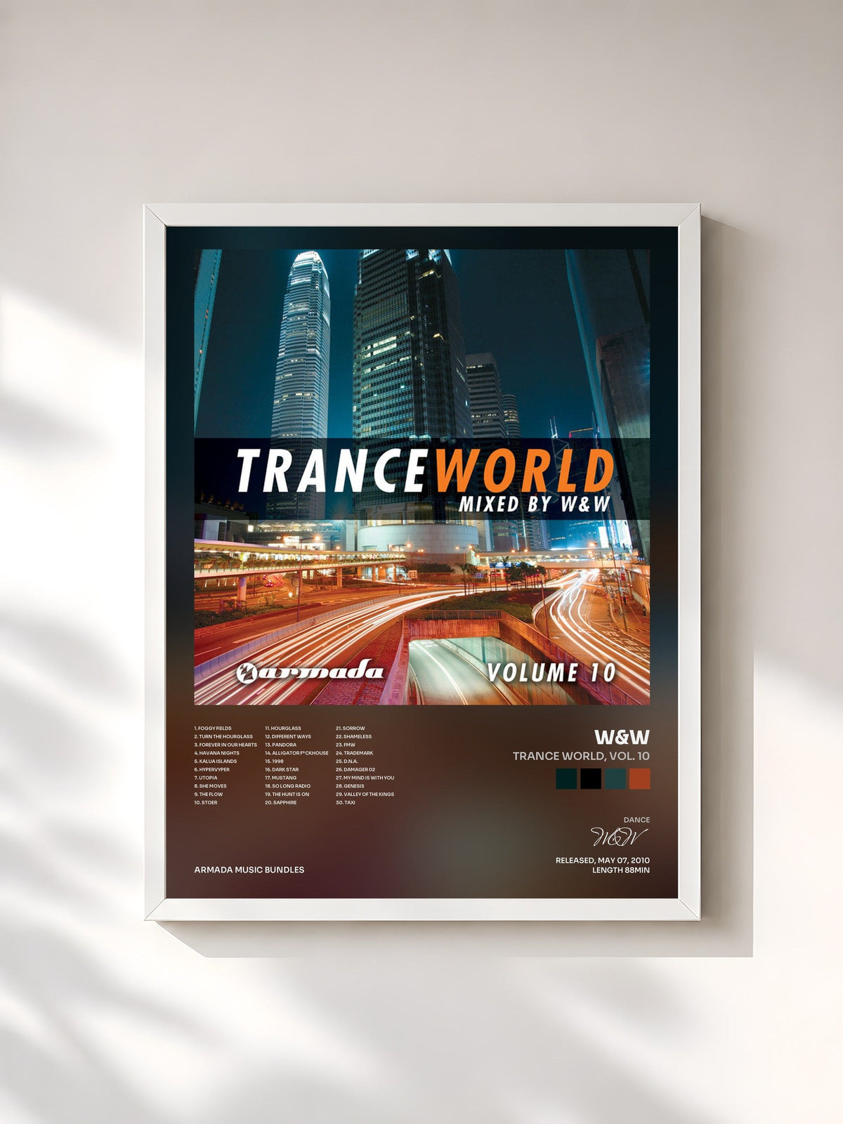 #blanc Tableau de l'album Trance World, Vol. 10 de W&W, cadre blanc, imprimé et encadré en France