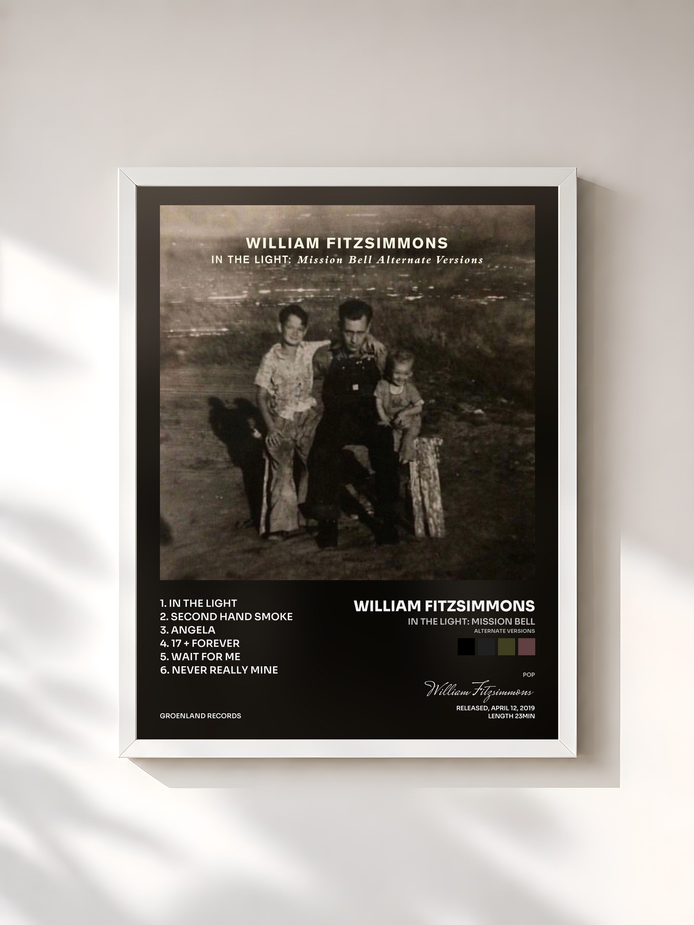 #blanc Tableau de l'album In the Light: Mission Bell (Alternate Versions) de William Fitzsimmons, cadre blanc, imprimé et encadré en France