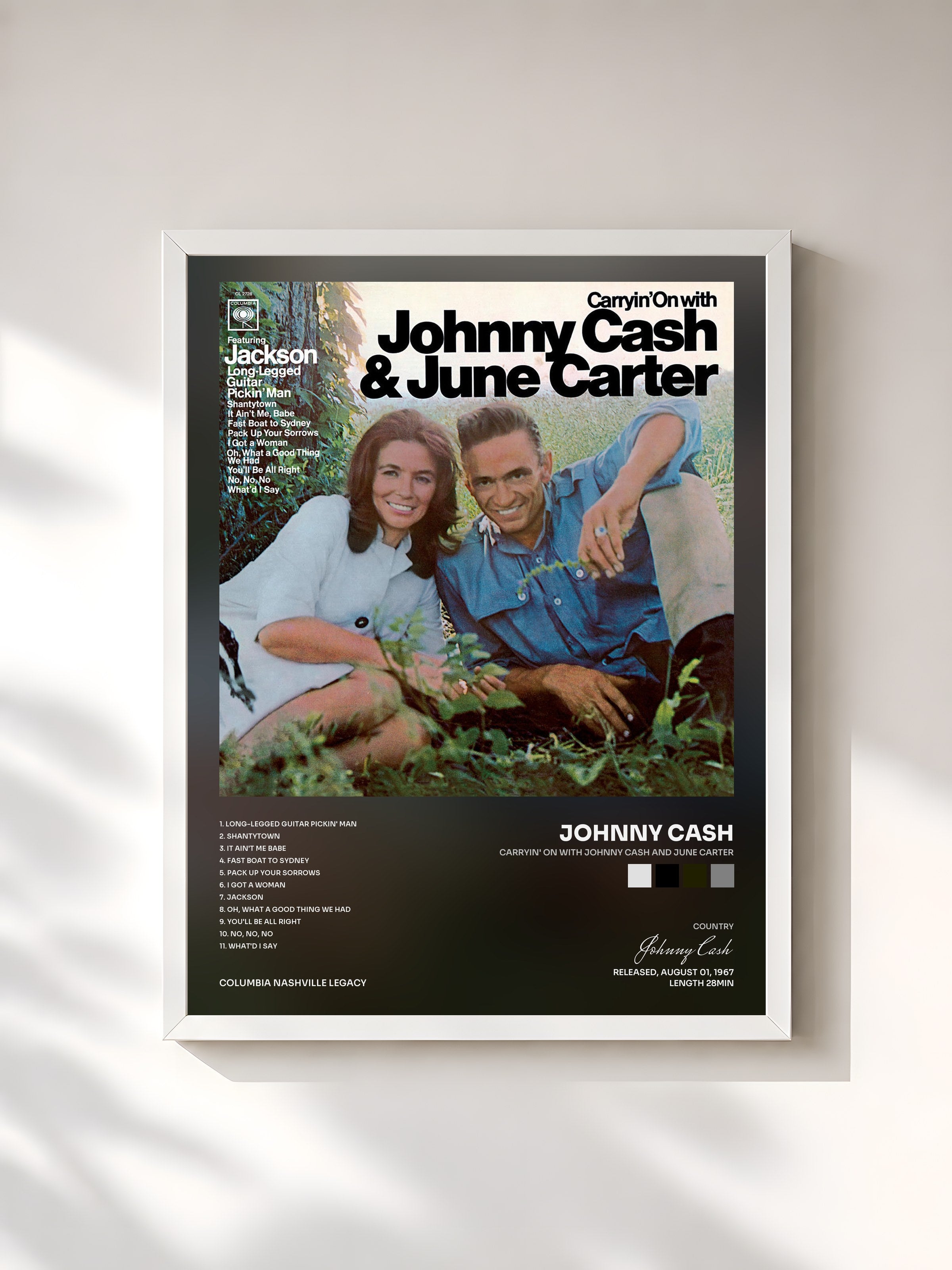 #blanc Tableau de l'album Carryin' On With Johnny Cash And June Carter de Johnny Cash, cadre blanc, imprimé et encadré en France