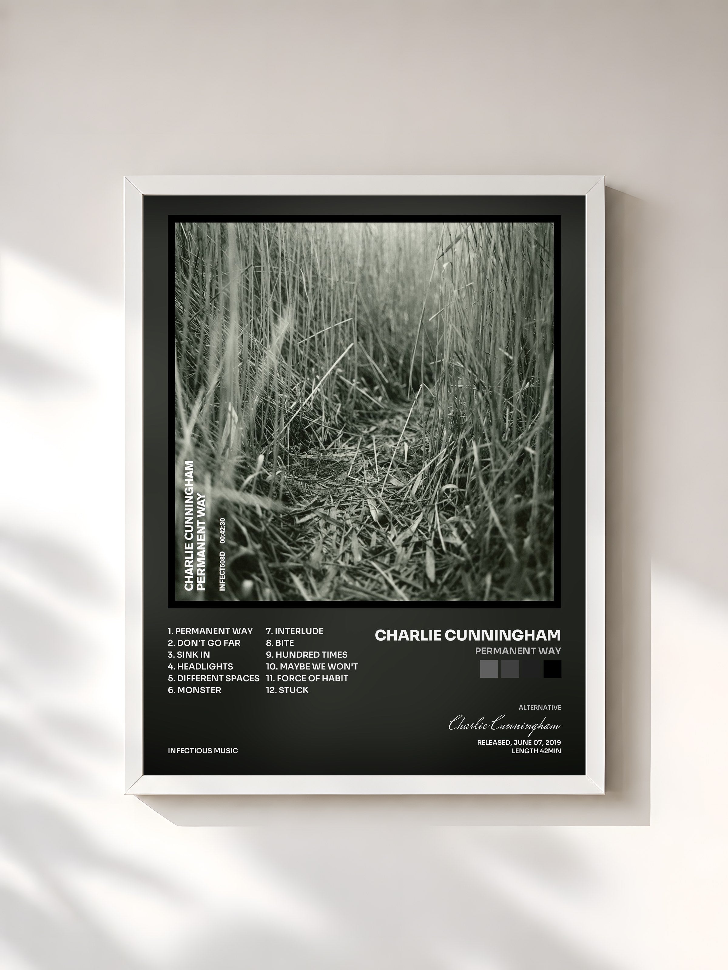 #blanc Tableau de l'album Permanent Way de Charlie Cunningham, cadre blanc, imprimé et encadré en France
