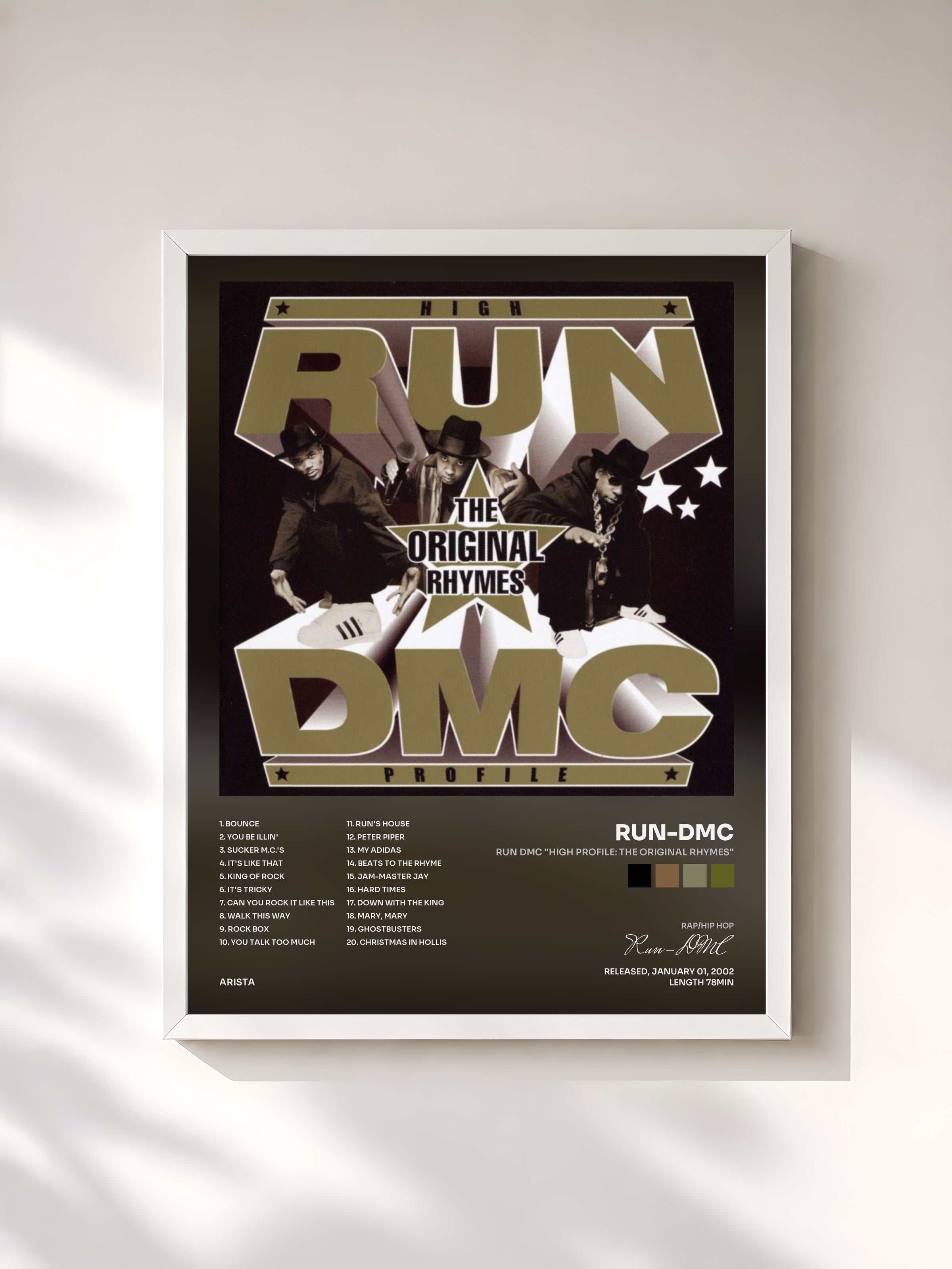 #blanc Tableau de l'album RUN DMC "High Profile: The Original Rhymes" de Run-DMC, cadre blanc, imprimé et encadré en France