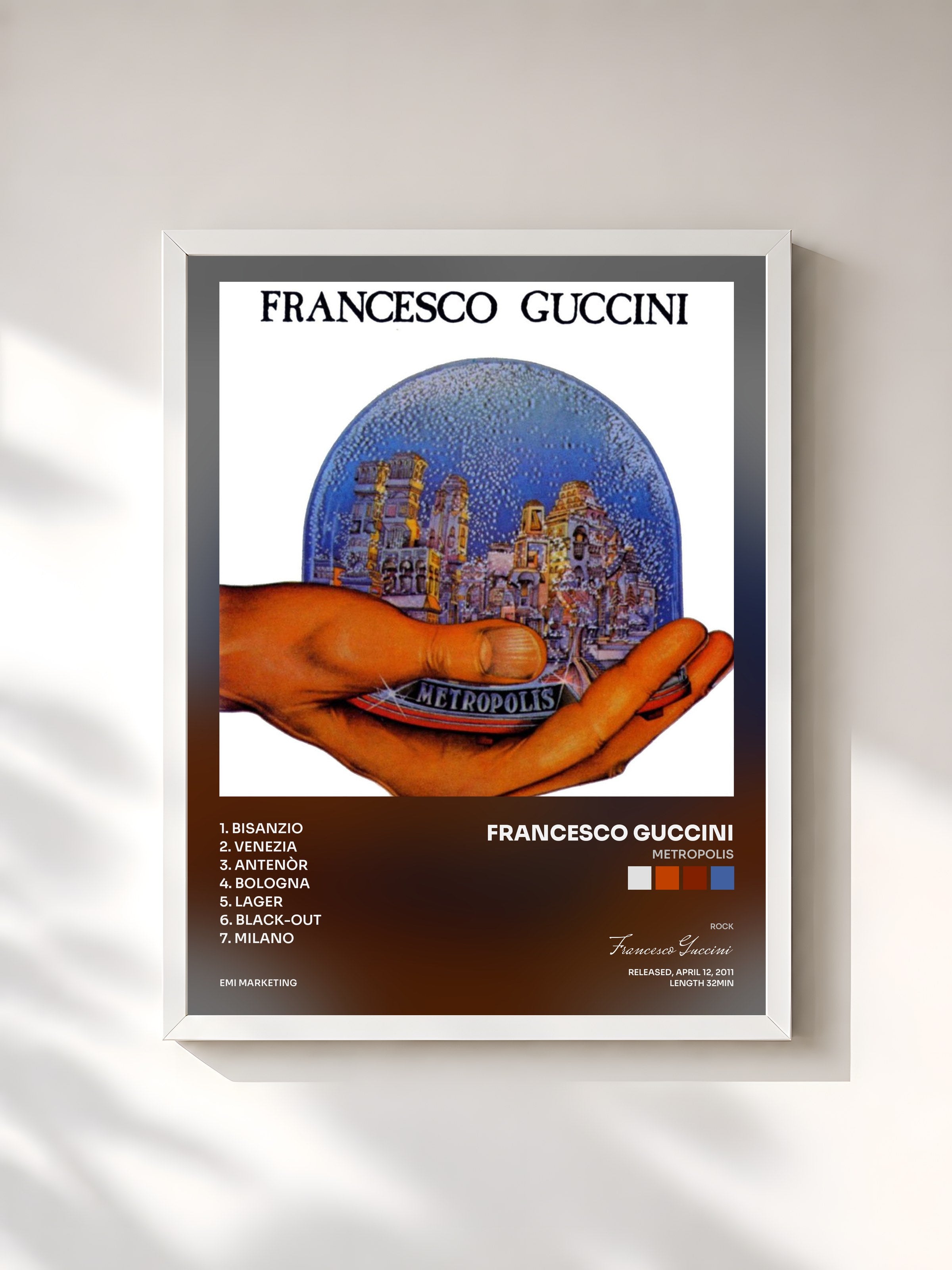 #blanc Tableau de l'album Metropolis de Francesco Guccini, cadre blanc, imprimé et encadré en France