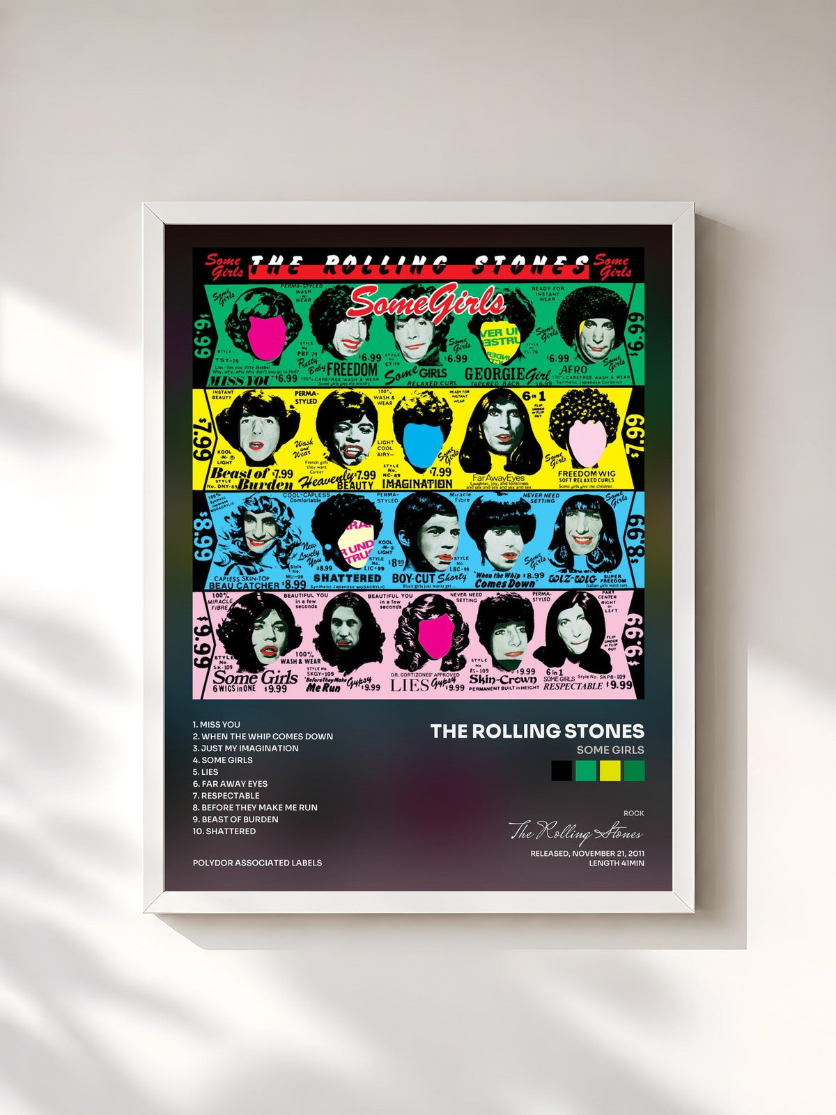 #blanc Tableau de l'album Some Girls de The Rolling Stones, cadre blanc, imprimé et encadré en France