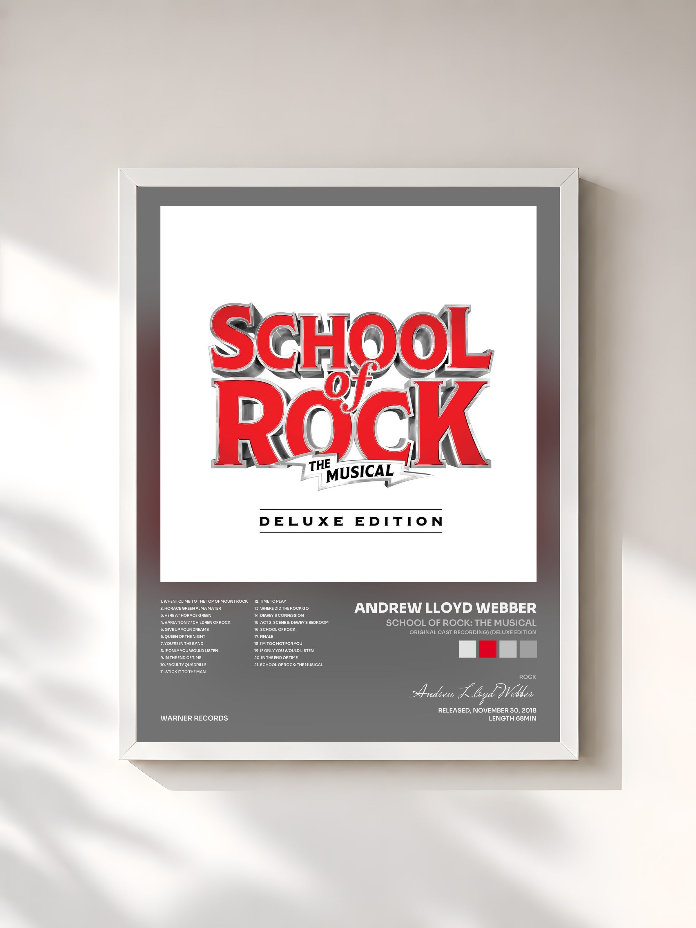 #blanc Tableau de l'album School of Rock: The Musical (Original Cast Recording) (Deluxe Edition) de Andrew Lloyd Webber, cadre blanc, imprimé et encadré en France