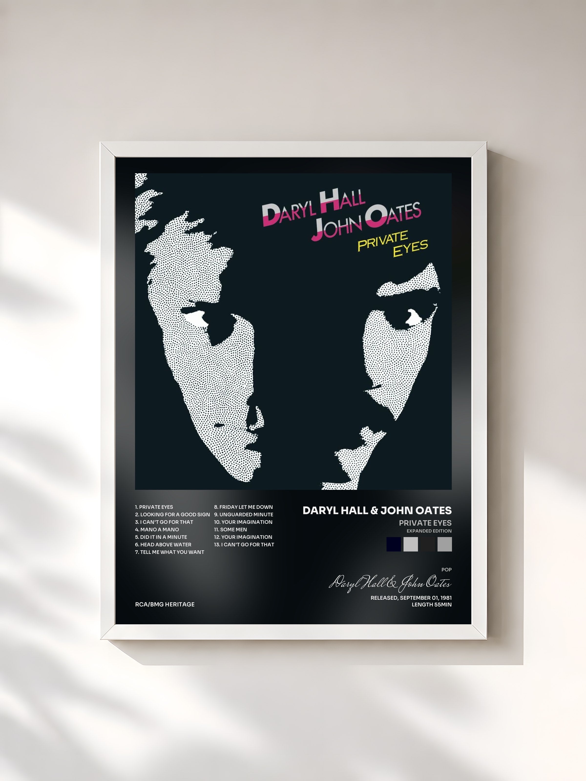 #blanc Tableau de l'album Private Eyes (Expanded Edition) de Daryl Hall & John Oates, cadre blanc, imprimé et encadré en France