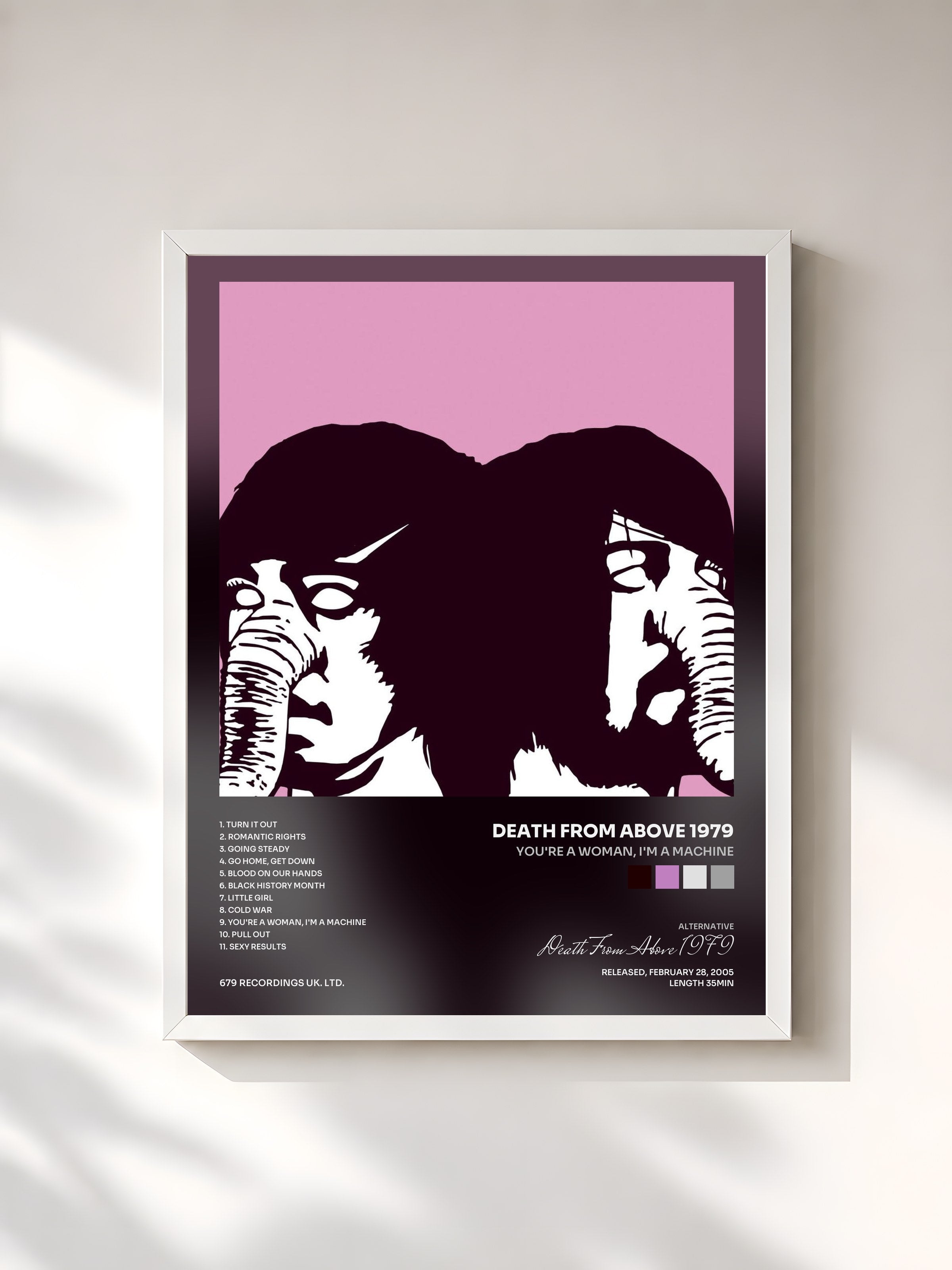 #blanc Tableau de l'album You're A Woman, I'm A Machine de Death From Above 1979, cadre blanc, imprimé et encadré en France