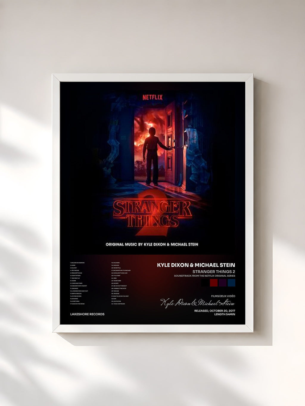 #blanc Tableau de l'album Stranger Things 2 (Soundtrack from the Netflix Original Series) de Kyle Dixon & Michael Stein, cadre blanc, imprimé et encadré en France