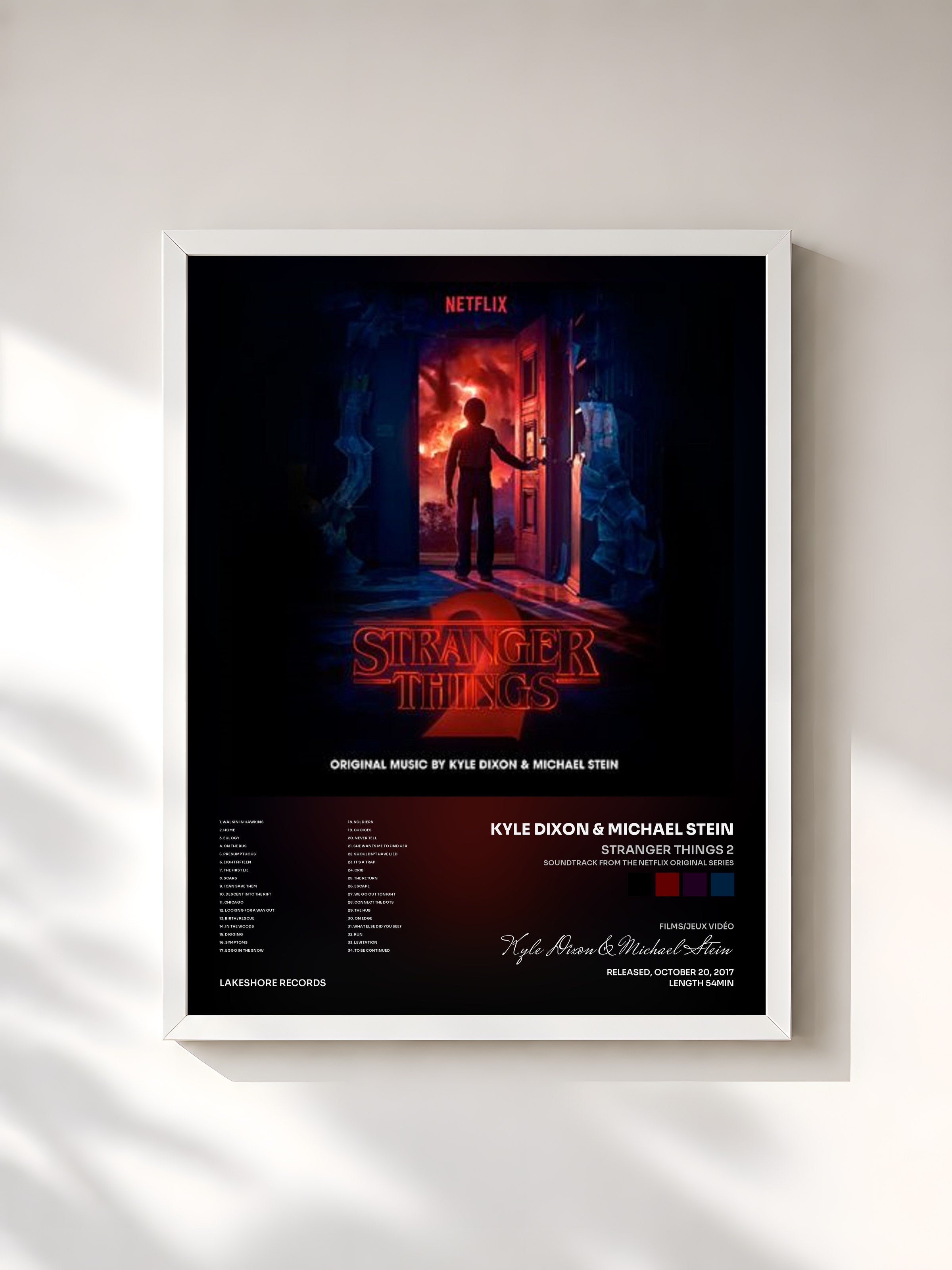 #blanc Tableau de l'album Stranger Things 2 (Soundtrack from the Netflix Original Series) de Kyle Dixon & Michael Stein, cadre blanc, imprimé et encadré en France