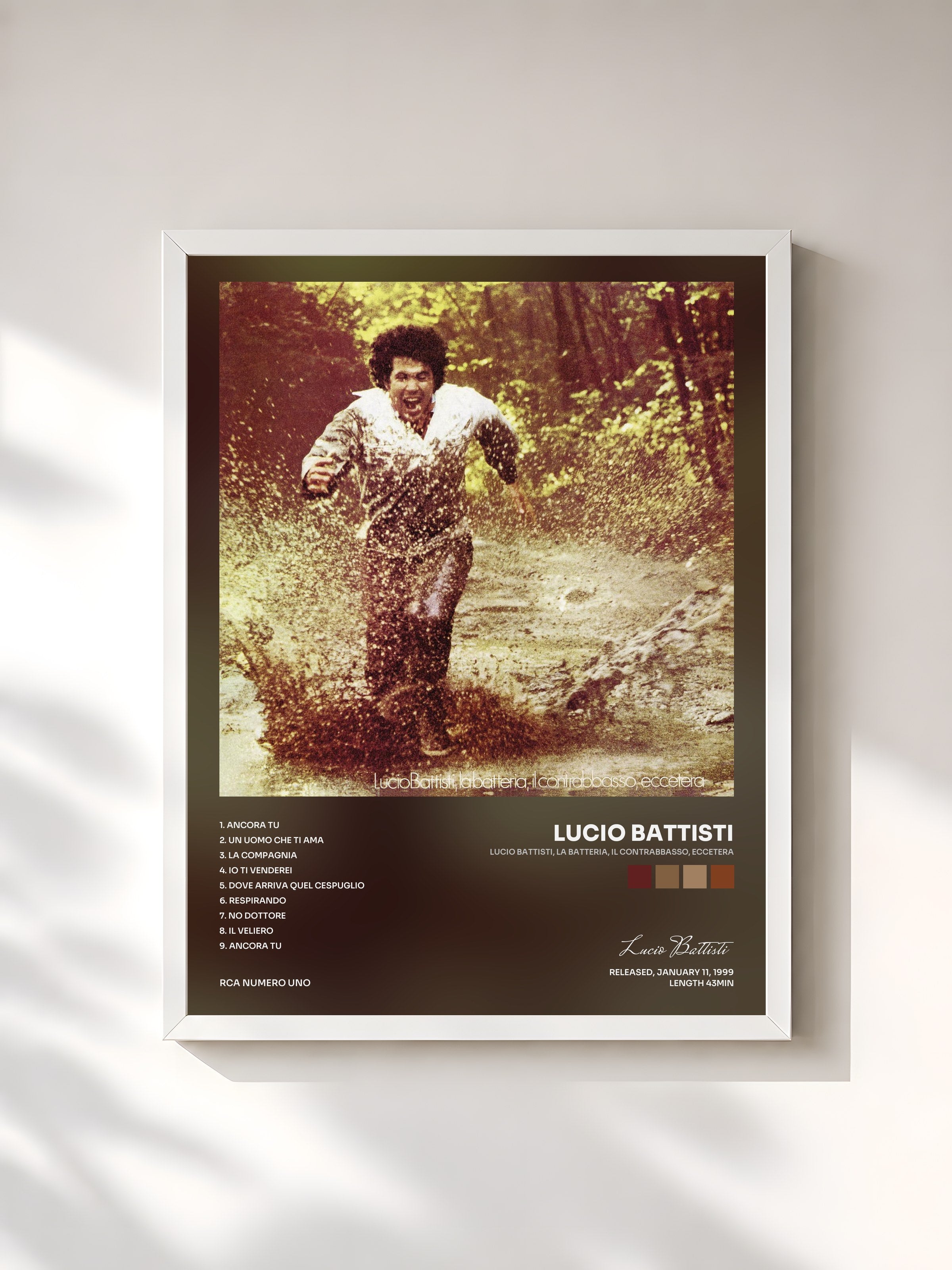#blanc Tableau de l'album Lucio Battisti, la batteria, il contrabbasso, eccetera de Lucio Battisti, cadre blanc, imprimé et encadré en France