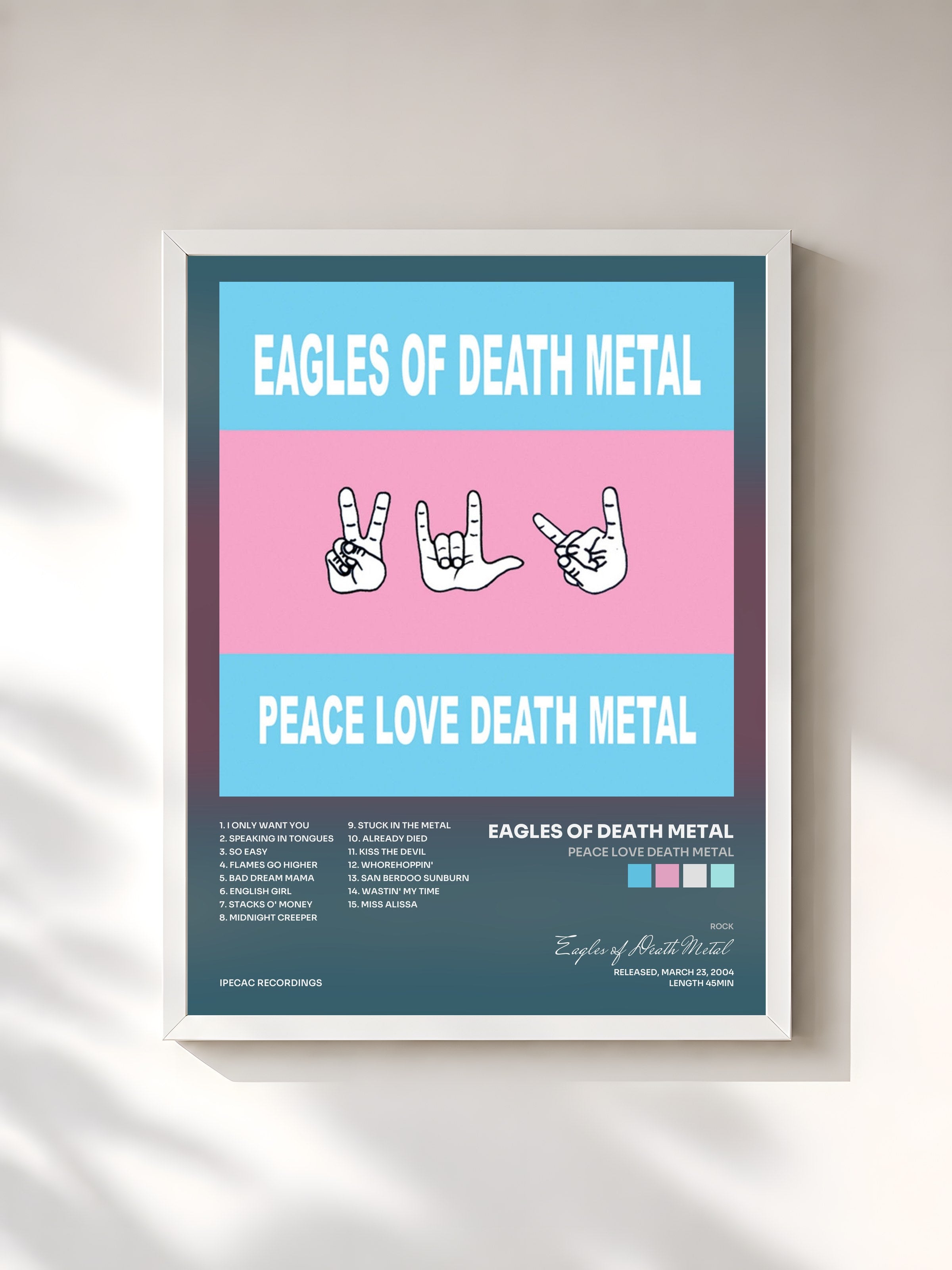 #blanc Tableau de l'album Peace Love Death Metal de Eagles of Death Metal, cadre blanc, imprimé et encadré en France