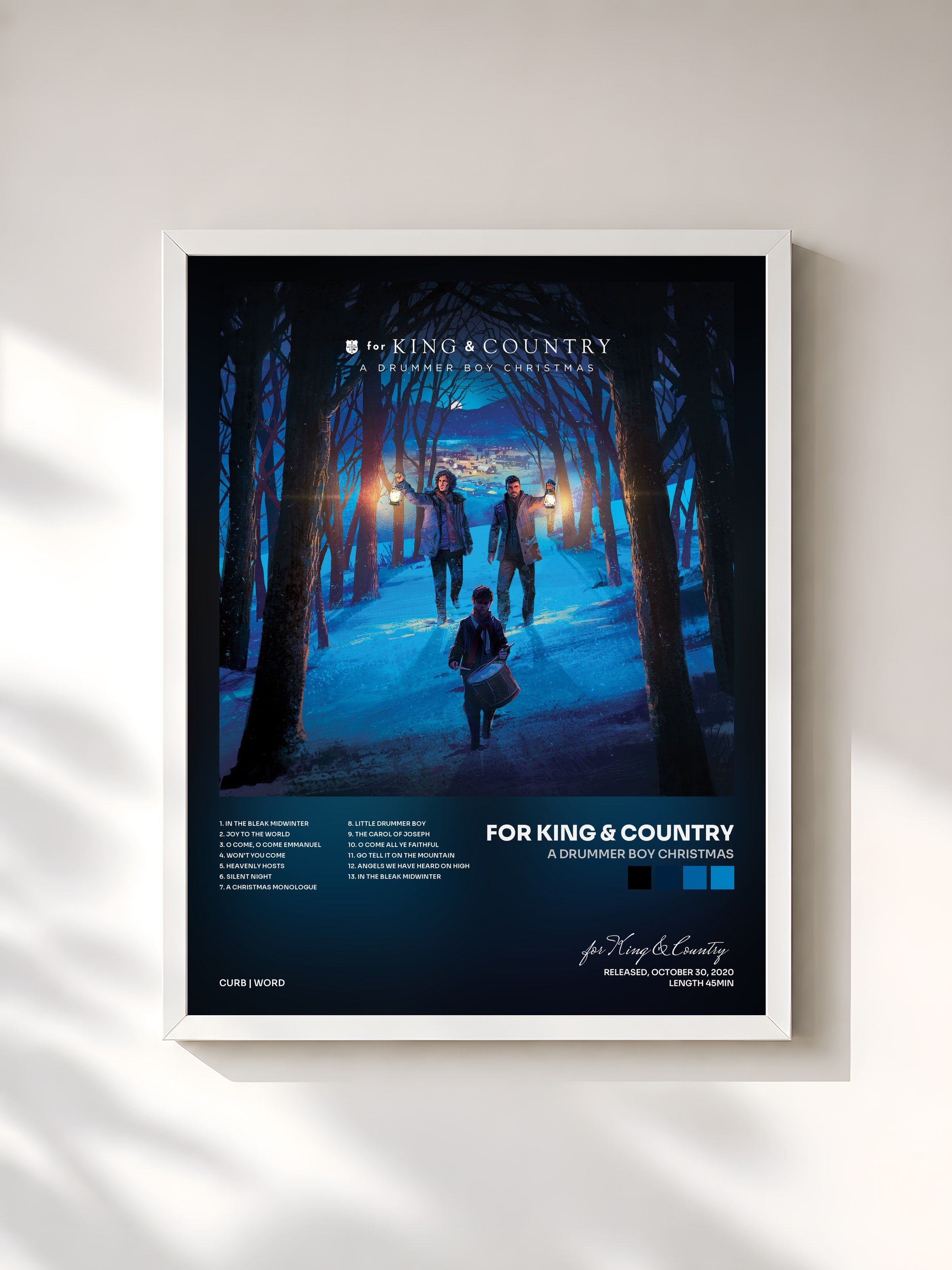 #blanc Tableau de l'album A Drummer Boy Christmas de for King & Country, cadre blanc, imprimé et encadré en France