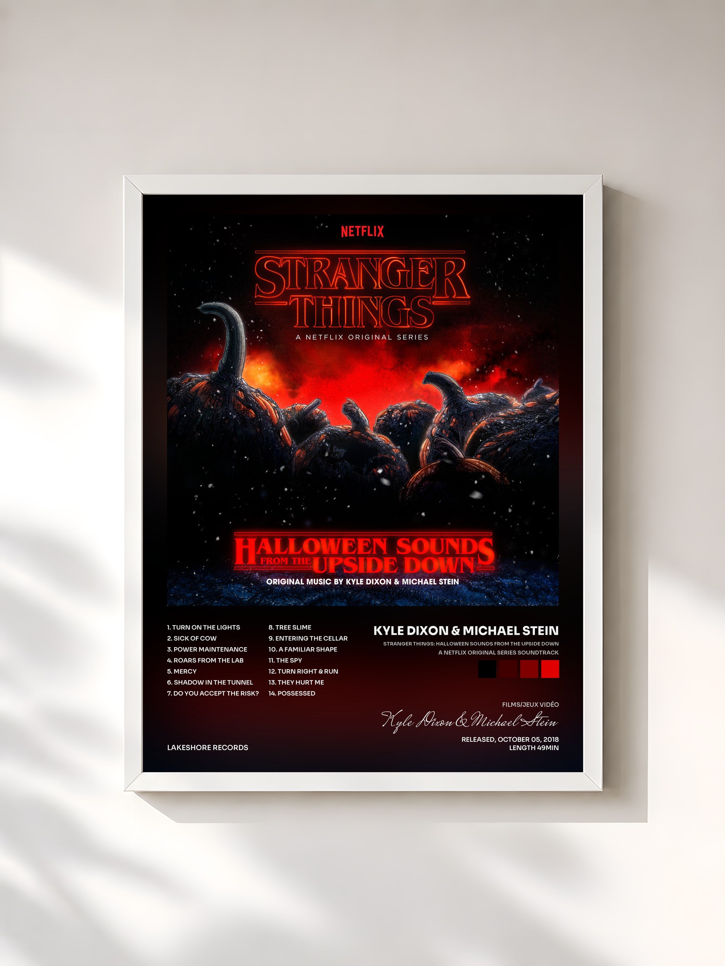 #blanc Tableau de l'album Stranger Things: Halloween Sounds from the Upside Down (a Netflix Original Series Soundtrack) de Kyle Dixon & Michael Stein, cadre blanc, imprimé et encadré en France