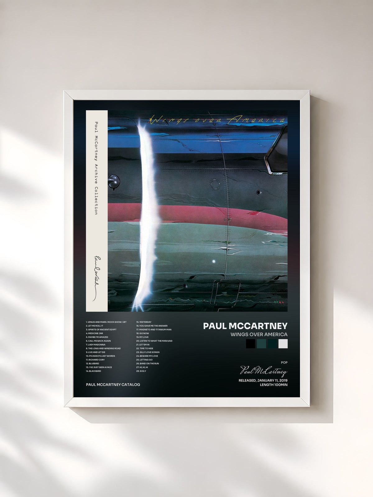 #blanc Tableau de l'album Wings Over America de Paul McCartney, cadre blanc, imprimé et encadré en France