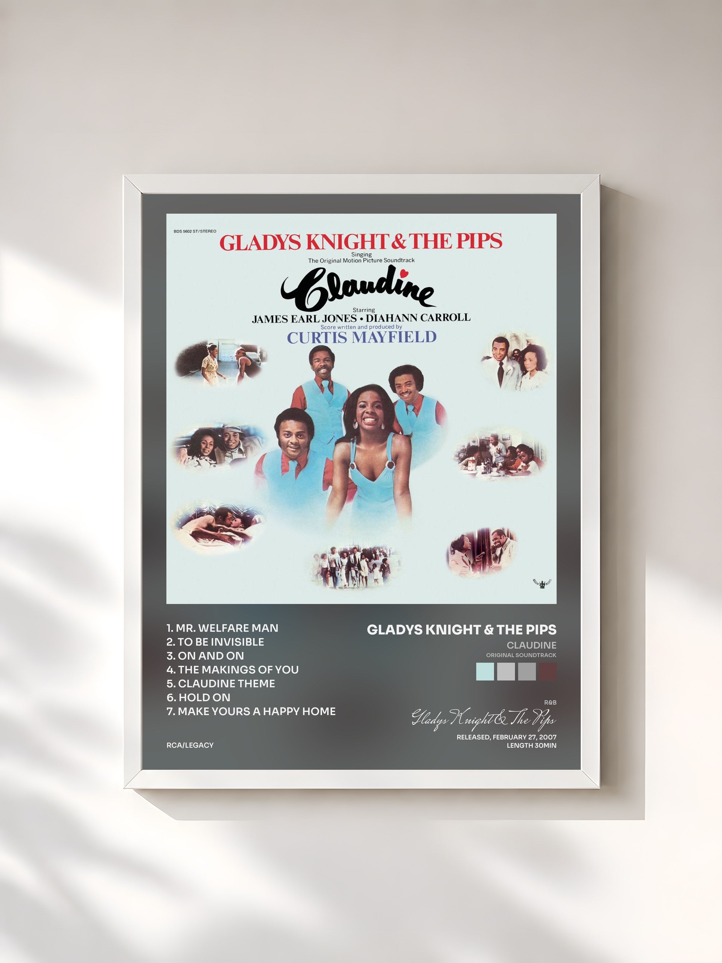 #blanc Tableau de l'album Claudine (Original Soundtrack) de Gladys Knight & The Pips, cadre blanc, imprimé et encadré en France