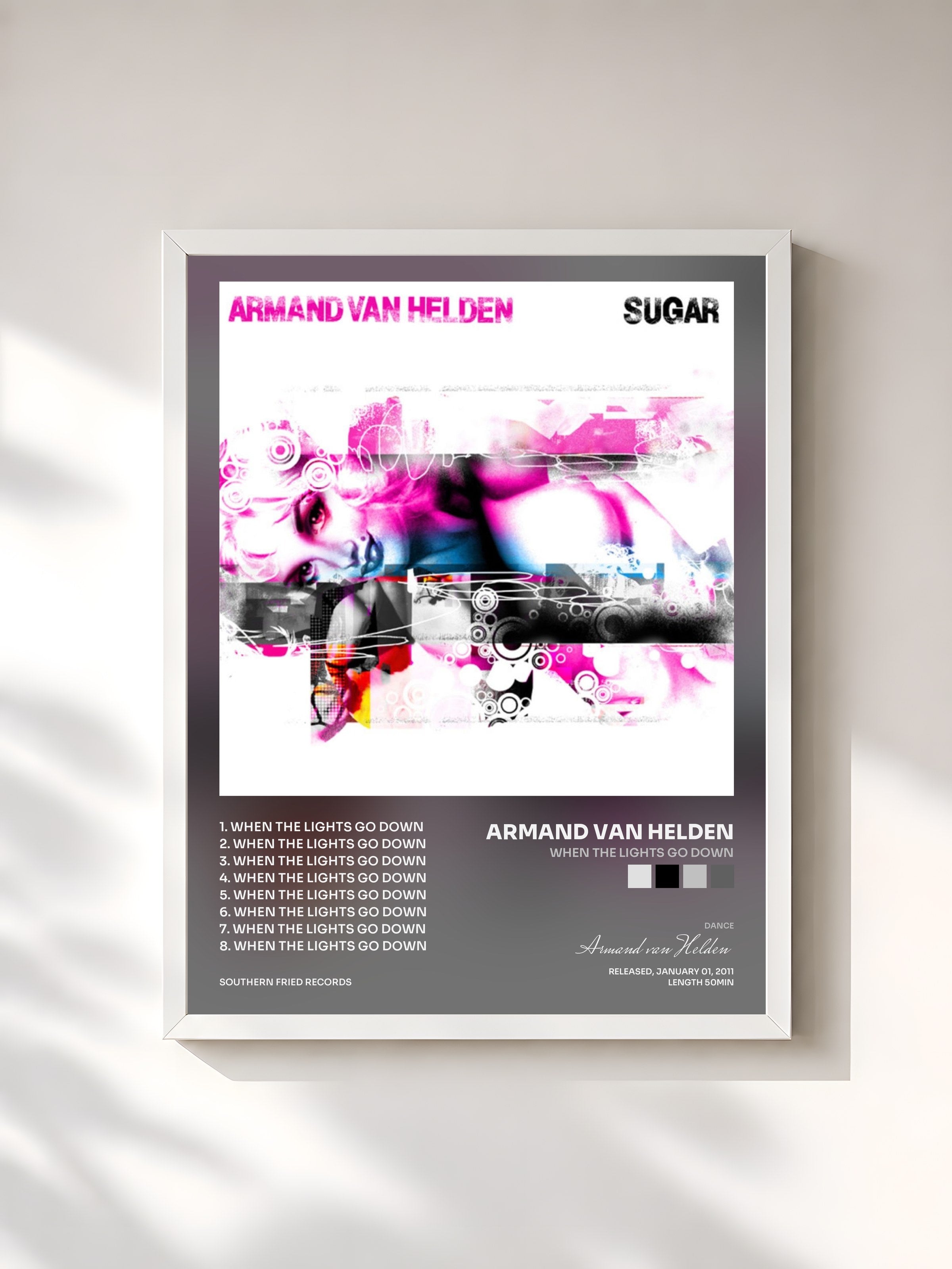 #blanc Tableau de l'album When the Lights Go Down de Armand van Helden, cadre blanc, imprimé et encadré en France