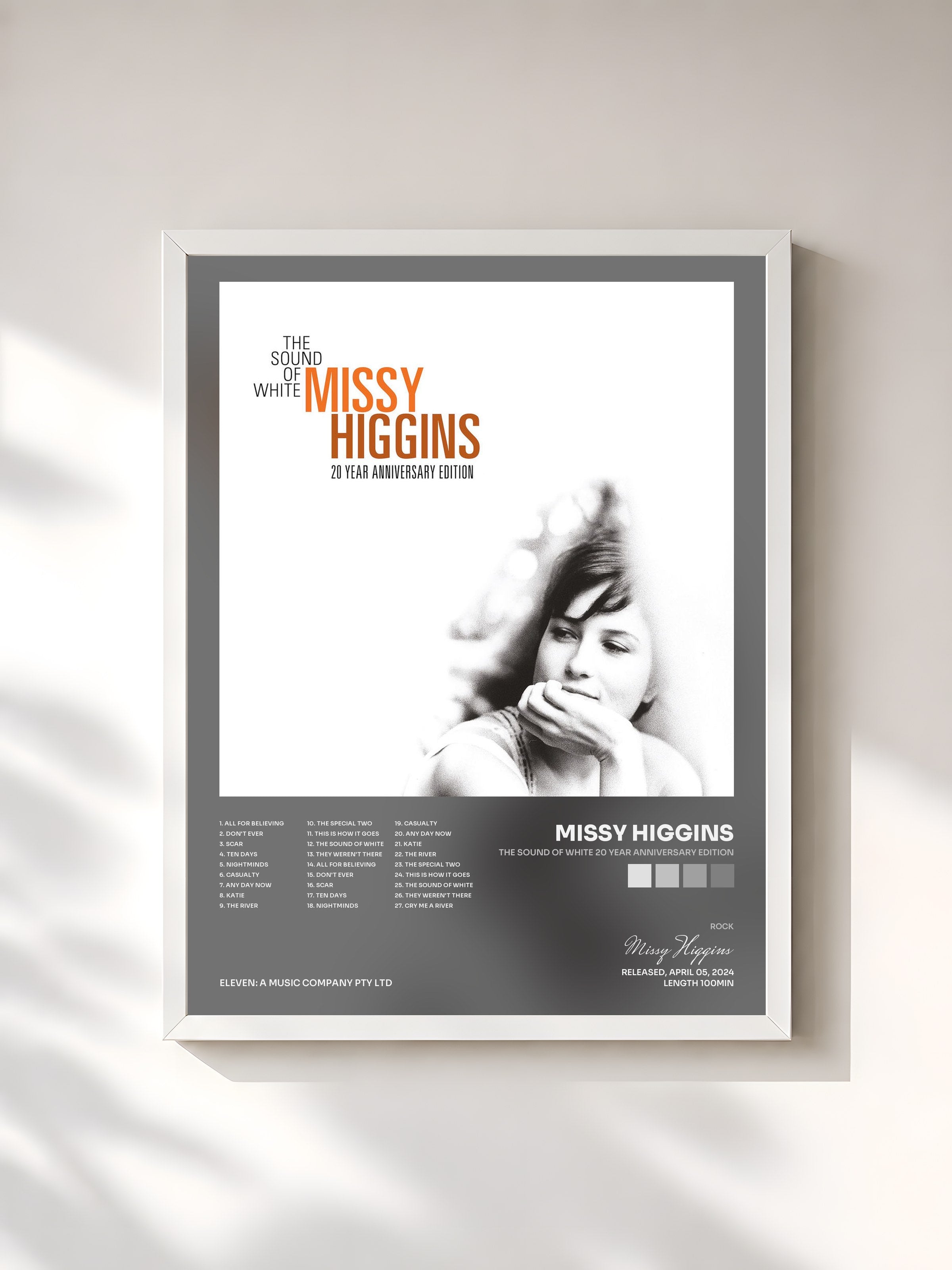 #blanc Tableau de l'album The Sound of White 20 Year Anniversary Edition de Missy Higgins, cadre blanc, imprimé et encadré en France