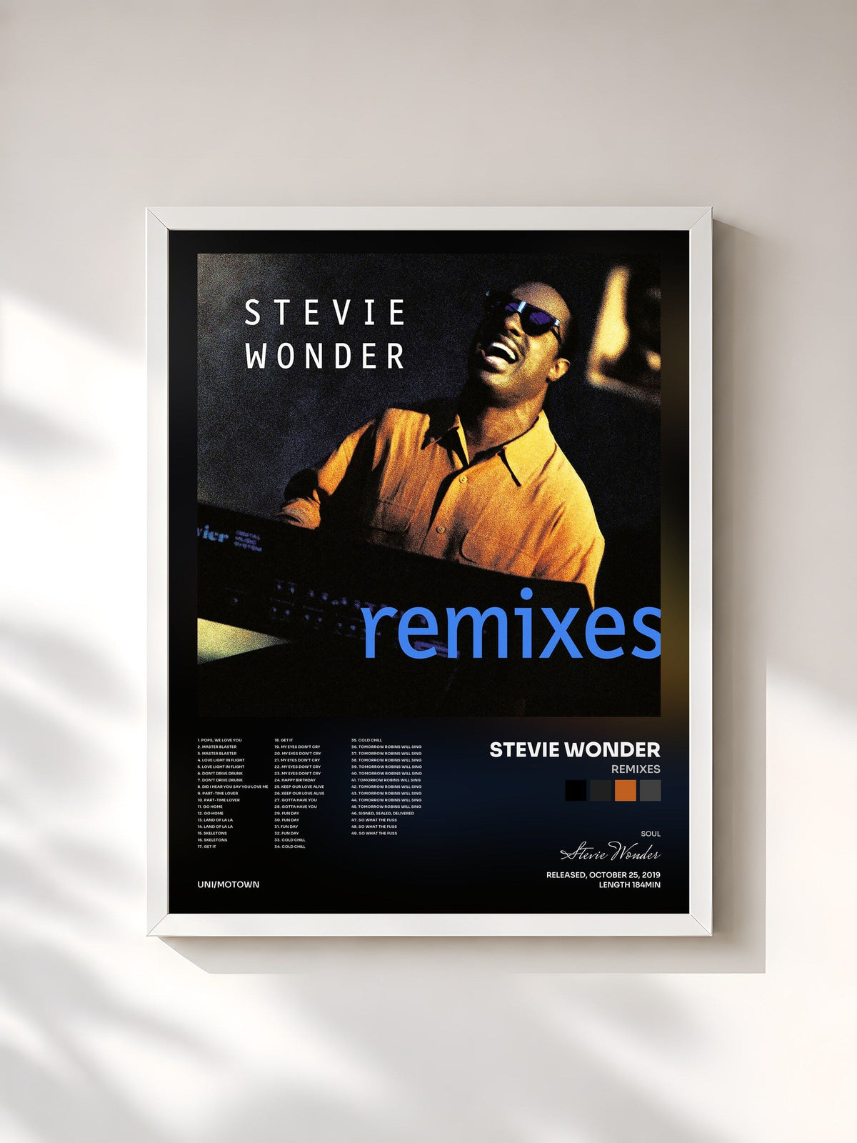 #blanc Tableau de l'album Remixes de Stevie Wonder, cadre blanc, imprimé et encadré en France